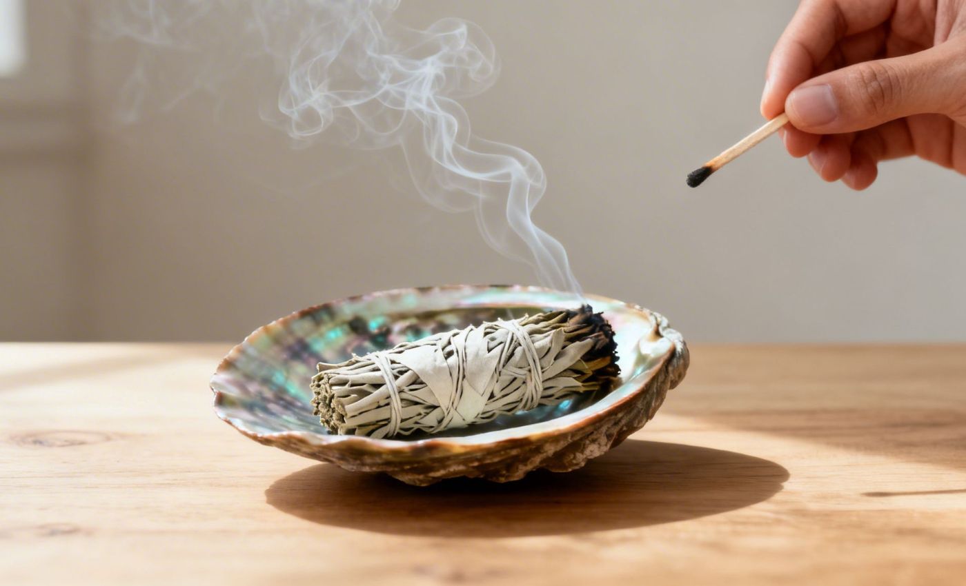 Bâton de sauge blanche allumé posé dans un coquillage nacré sur une table en bois, avec une volute de fumée qui s'élève `Bâton de sauge blanche allumé posé dans un coquillage nacré sur une table en bois, avec une volute de fumée qui s'élève