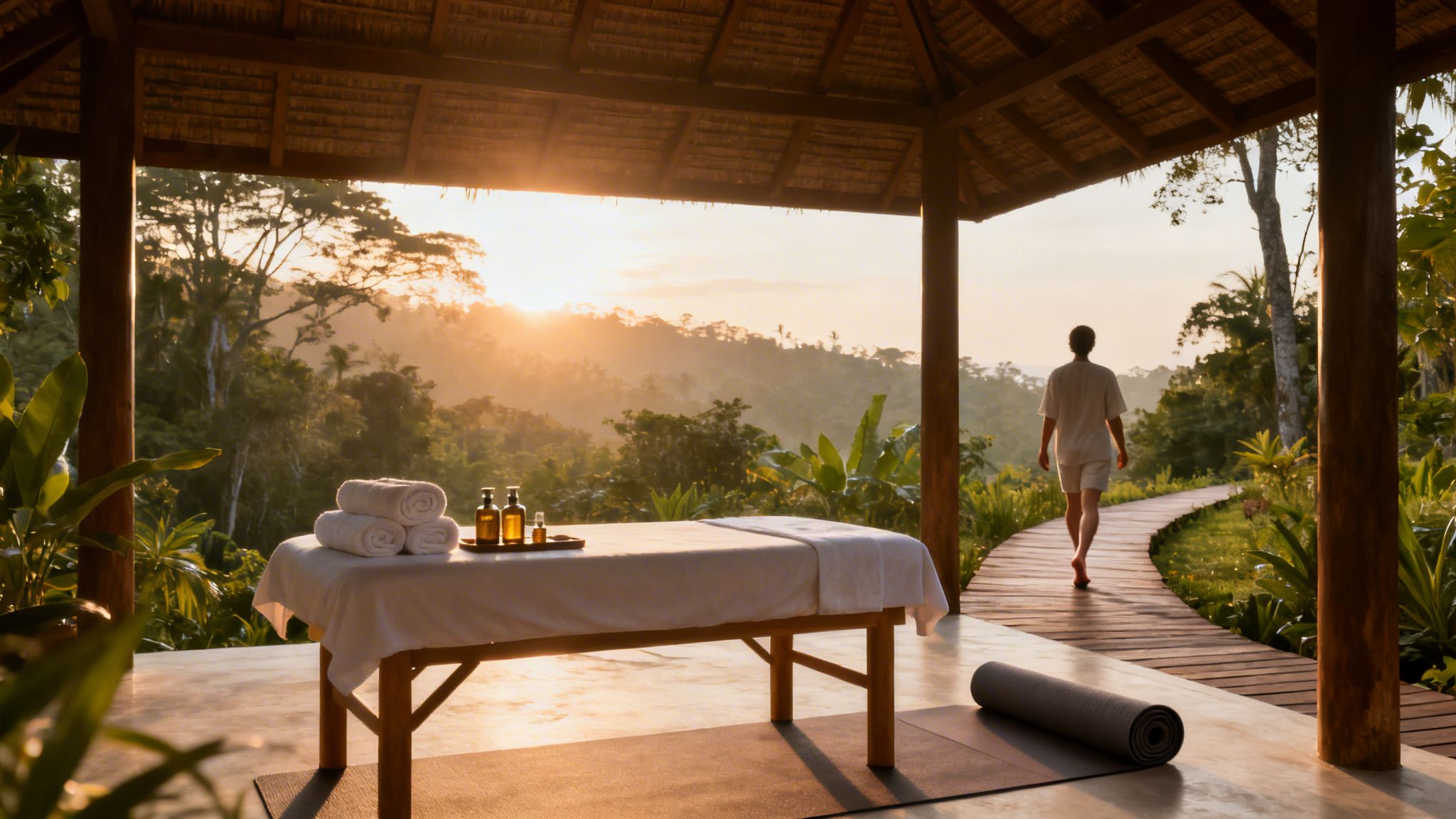 Massage lomi lomi : ce qui le rend si différent 3 Table de massage extérieure au coucher du soleil dans un cadre tropical luxuriant avec une personne marchant sur un chemin en bois.