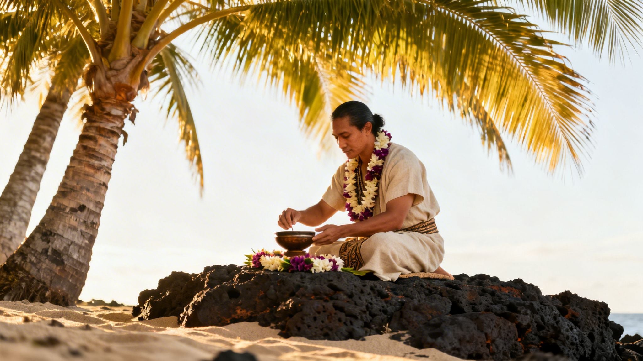 Massage lomi lomi : ce qui le rend si différent 1 Homme en tenue traditionnelle, avec des leis, effectuant un rituel sur une plage au coucher du soleil.