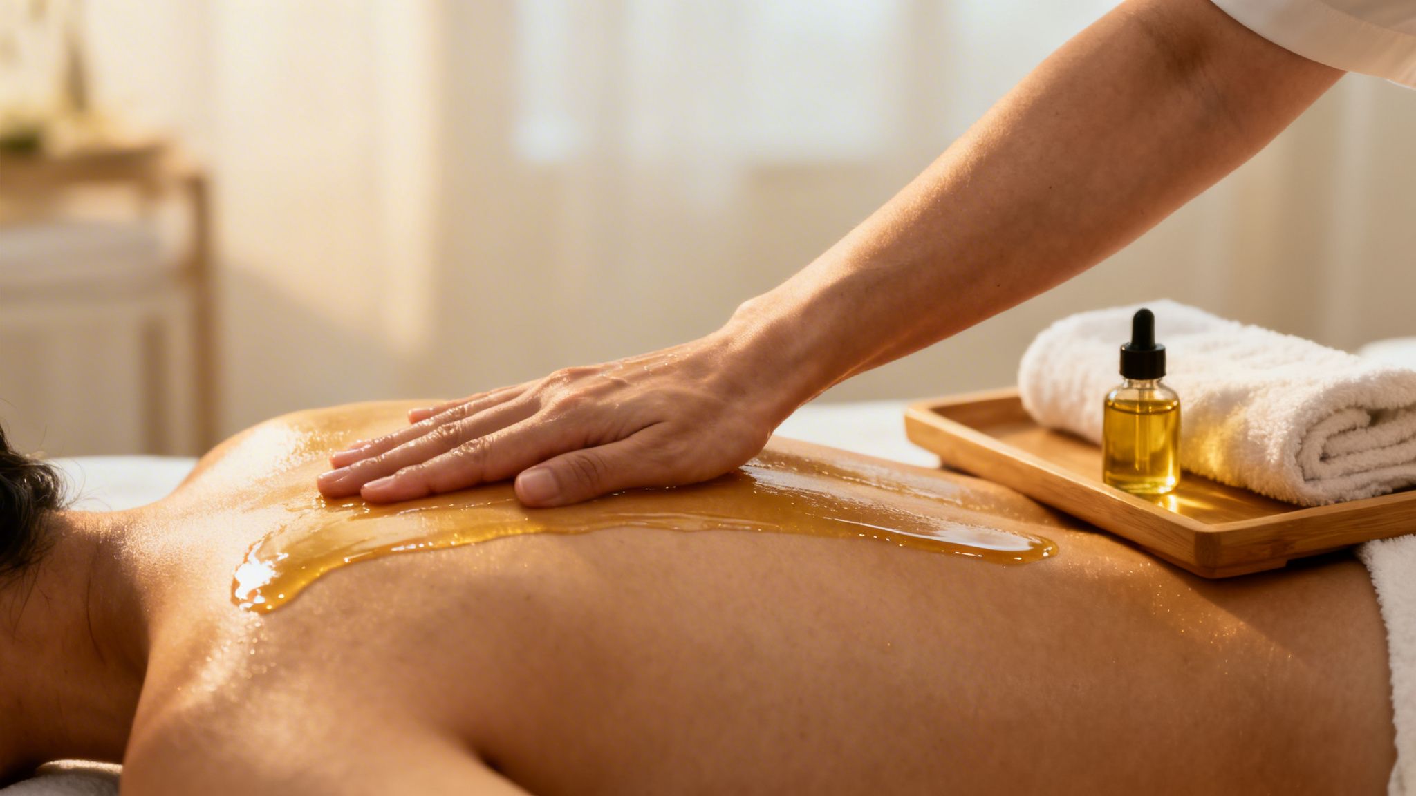 Massage lomi lomi : ce qui le rend si différent 2 Main d'un massothérapeute appliquant généreusement de l'huile de massage sur le dos d'une personne.