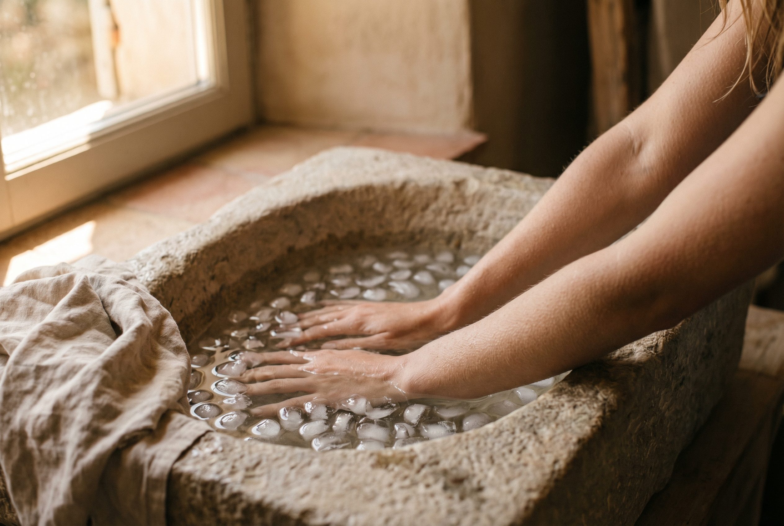 Bain froid : les véritables bienfaits sur le corps et l'esprit 1 Avant-bras en immersion dans de l'eau froide avec glaçons, bain froid bienfaits circulation