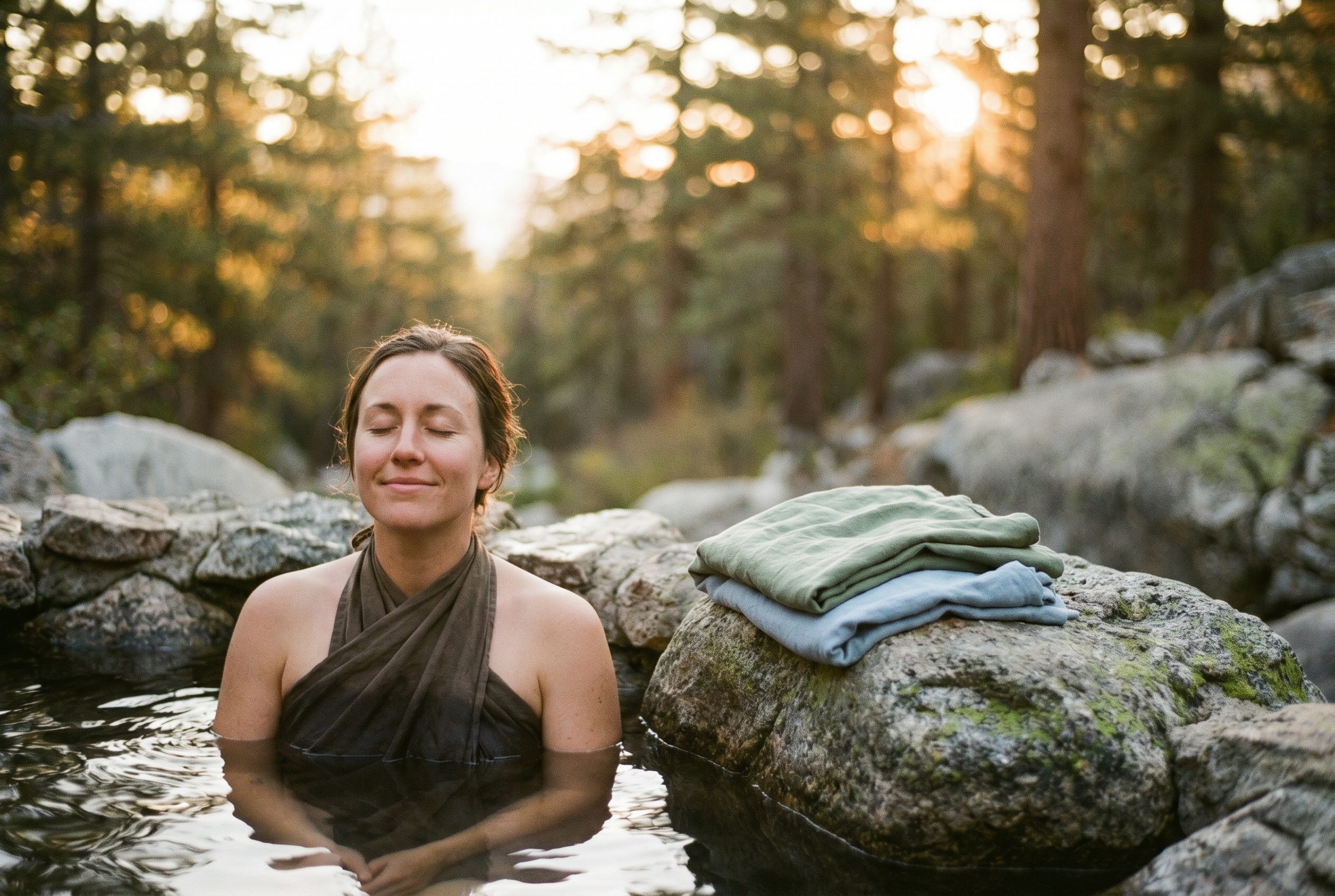 Bain froid : les véritables bienfaits sur le corps et l'esprit 2 Femme dans un cours d'eau naturel, visage apaisé — pratique régulière du bain froid bienfaits