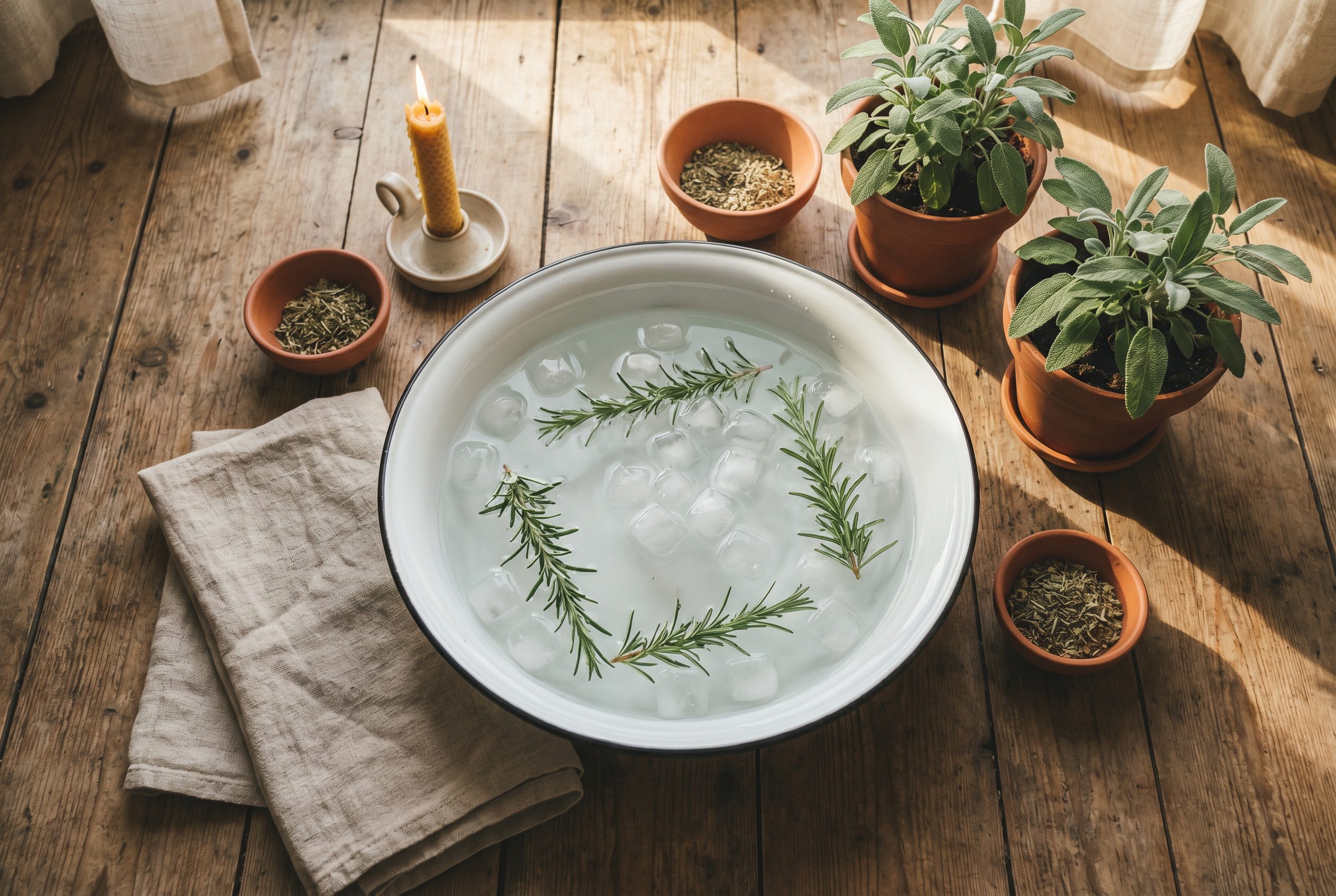 Bain froid : les véritables bienfaits sur le corps et l'esprit 3 Baignoire en émail avec eau froide, glaçons et romarin — rituel de bain froid bien-être