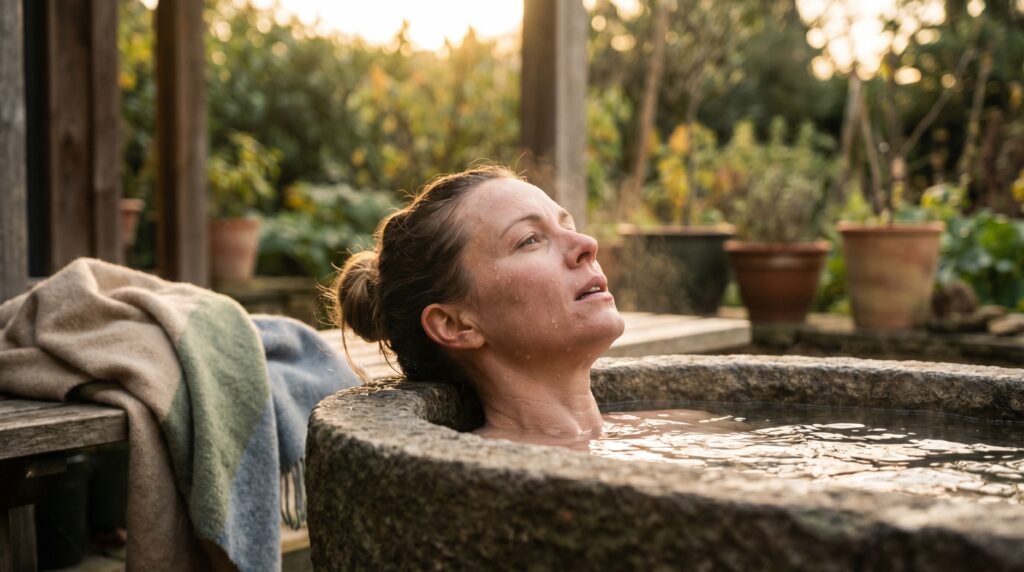 Femme en immersion dans un bain froid, expression de soulagement — bienfaits du bain froid