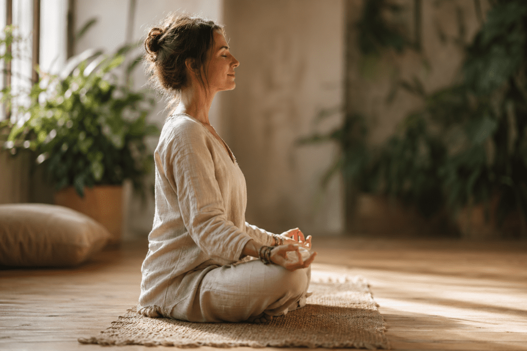 Femme de profil en méditation sur un tapis en lin, lumière dorée du matin et plantes vertes en bokeh — méditation