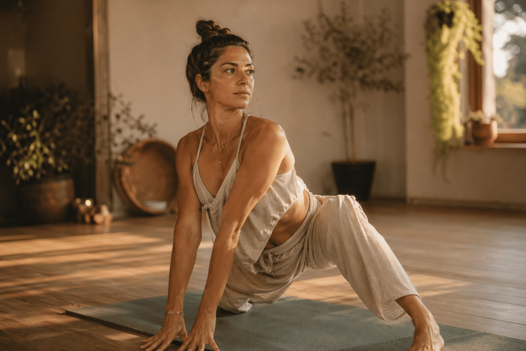 Femme en posture du guerrier sur tapis de yoga antidérapant, lumière dorée naturelle, sol parquet — meilleurs tapis de yoga antidérapants