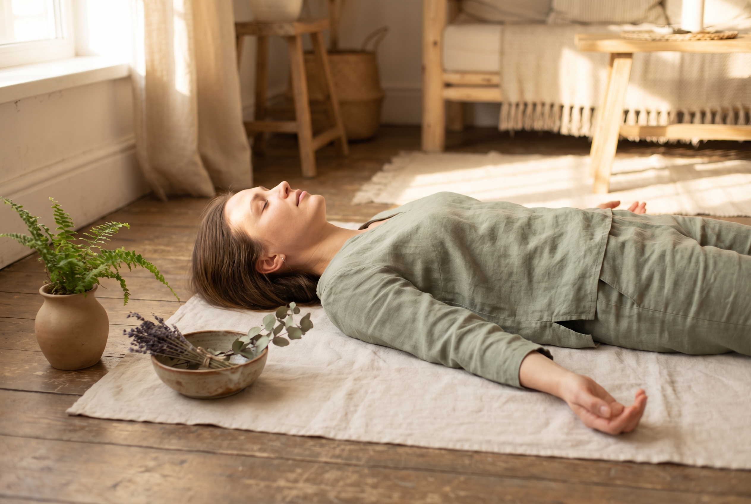 Comment se reconnecter à soi : pratiques simples pour retrouver son centre 1 femme allongée qui pratique un scan corporel