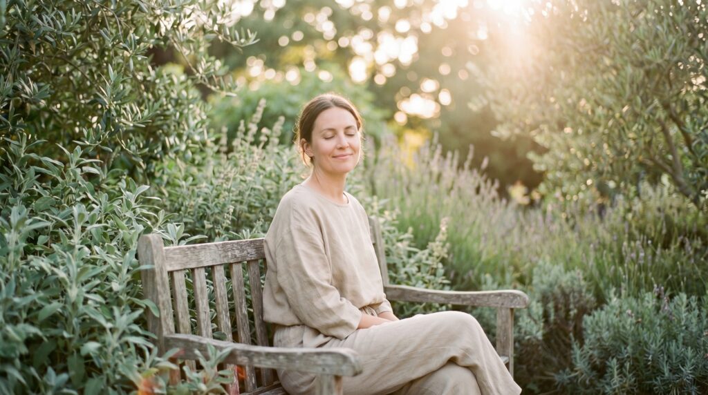 Femme en paix dans un jardin baigné de lumière dorée, expression de sérénité profonde — retraite bien-être femme