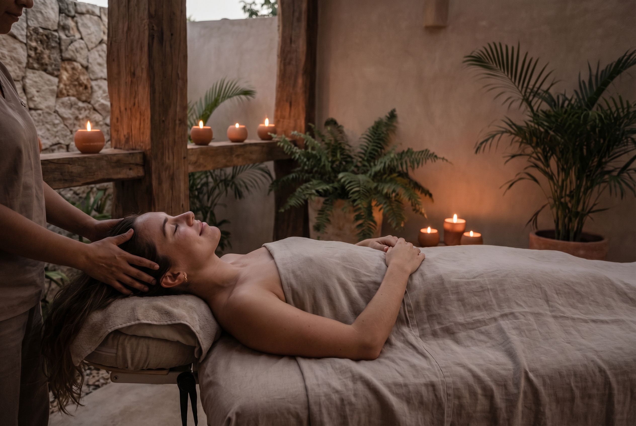 Retraite bien-être pour femmes : comment bien choisir 2 Femme allongée sur une table de massage recevant un massage du crâne pendant une retraite bien-être pour femme.