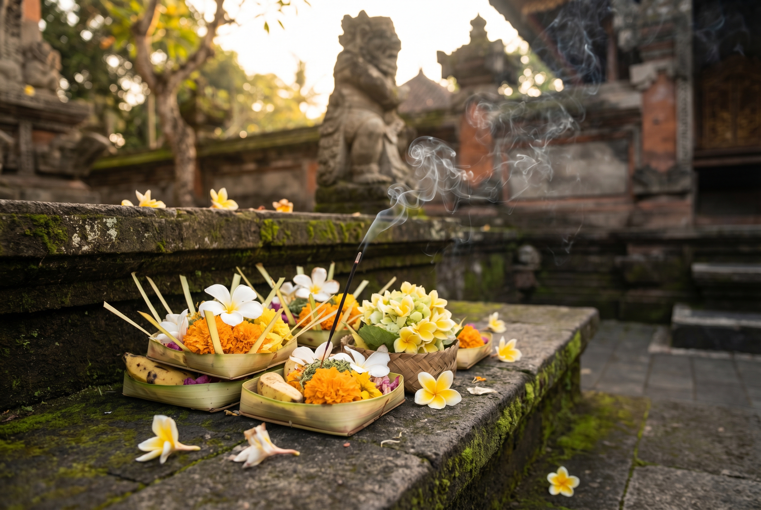 Retraite bien-être à Bali : le guide complet 2 Offrandes posées au pied d'un temple à Bali.