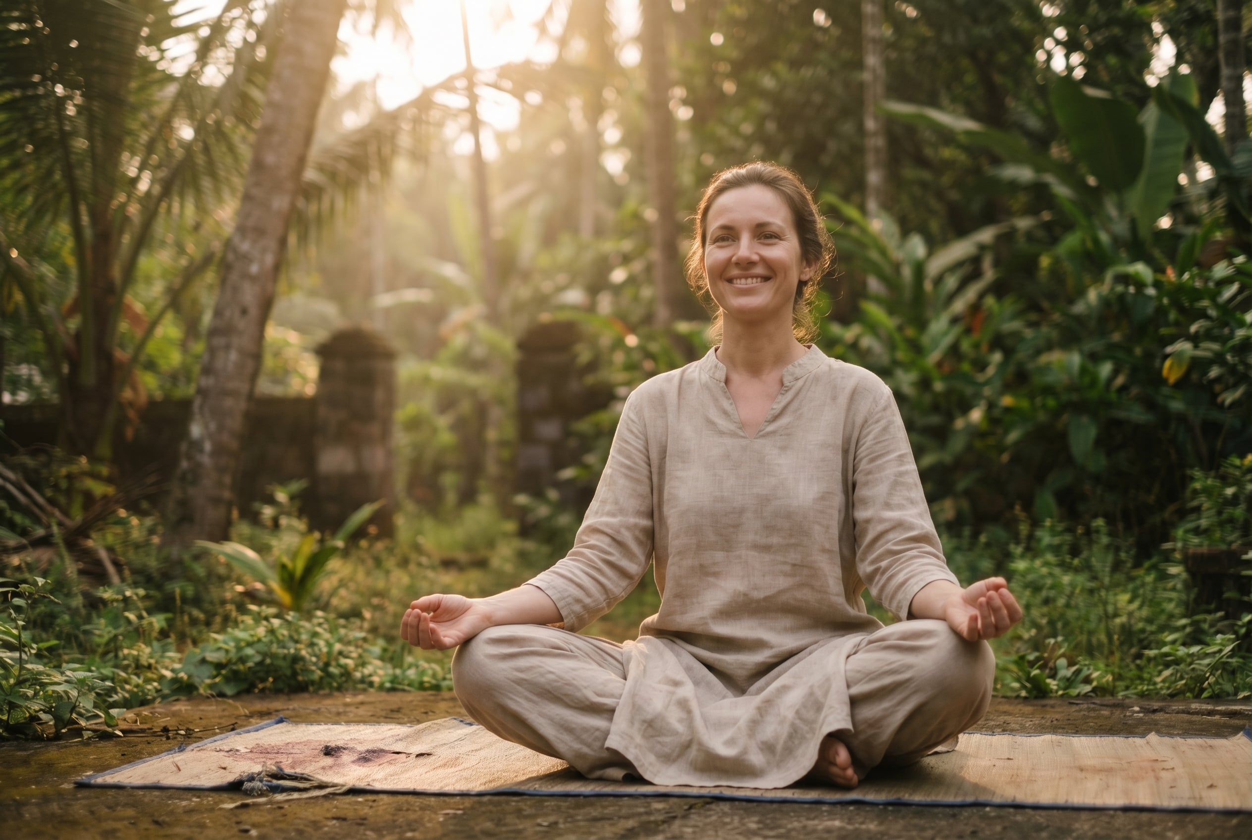 Retraite de yoga en Inde : tout ce qu'il faut savoir avant de partir 2 Une femme souriante assise les jambes croisées en position de méditation dans un forêt lors d'une retraite en inde.