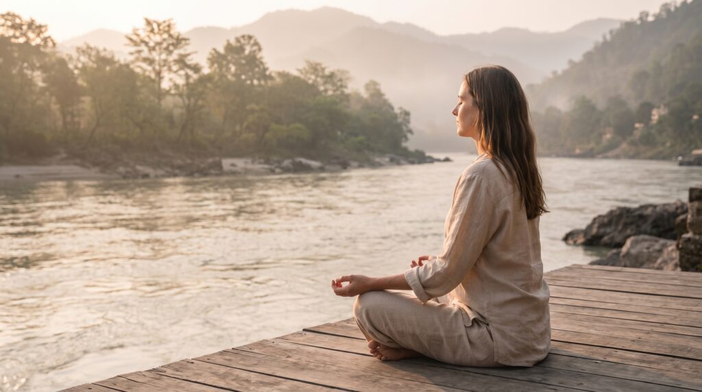 Une femme assise les jambes croisées en position de méditation face au Gange lors d'une retraite en inde.