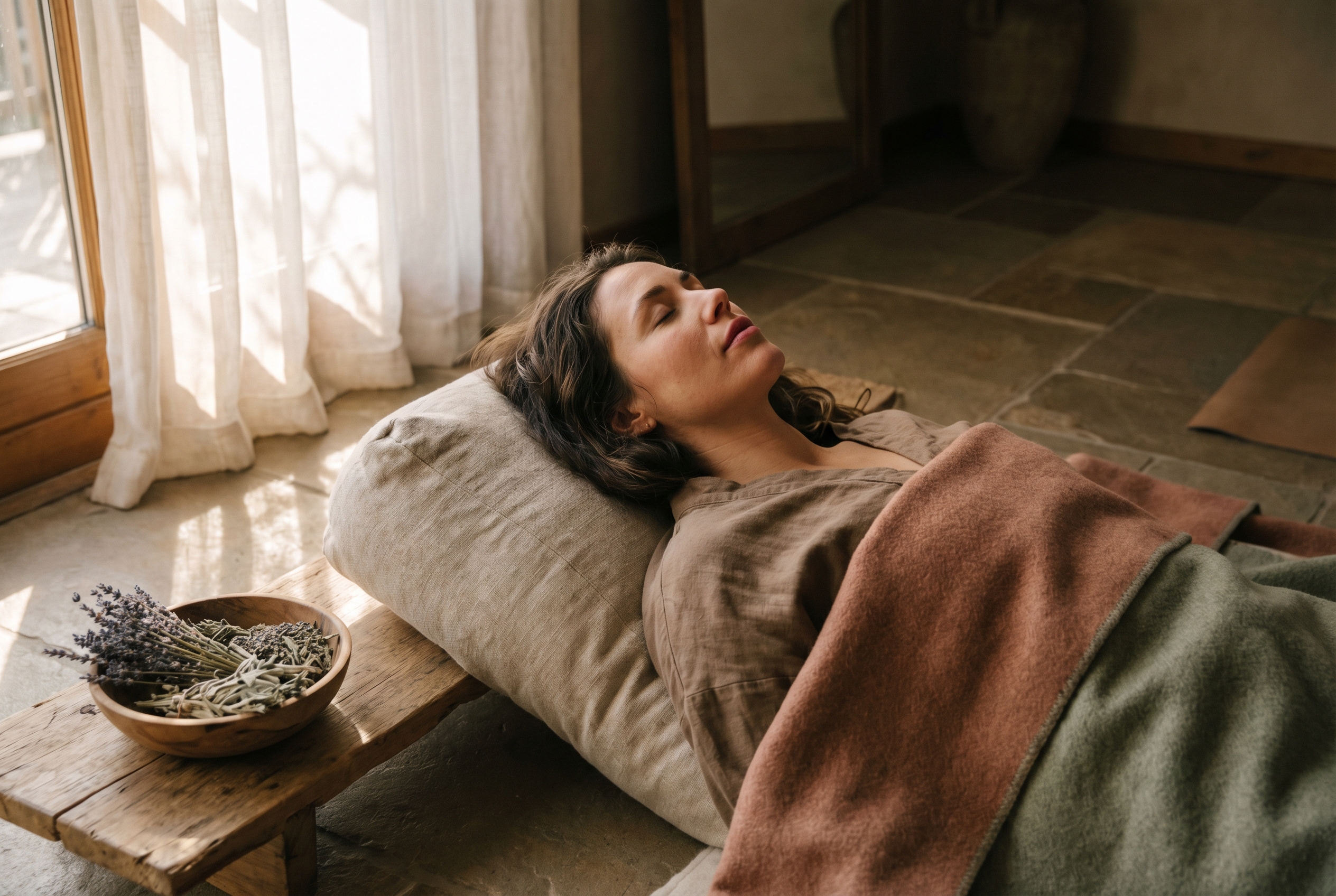 Slow living et yoga : le duo pour ralentir (vraiment) 1 Femme allongée en yoga nidra sur bolster en lin, expression de relâchement profond — yoga slow living