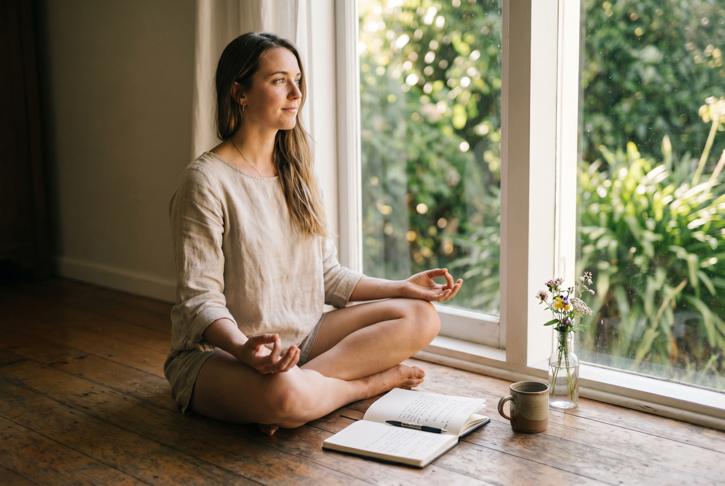 Slow living et yoga : le duo pour ralentir (vraiment) 2 Femme assise en méditation avec journal et thé, regard apaisé — slow living et yoga au quotidien