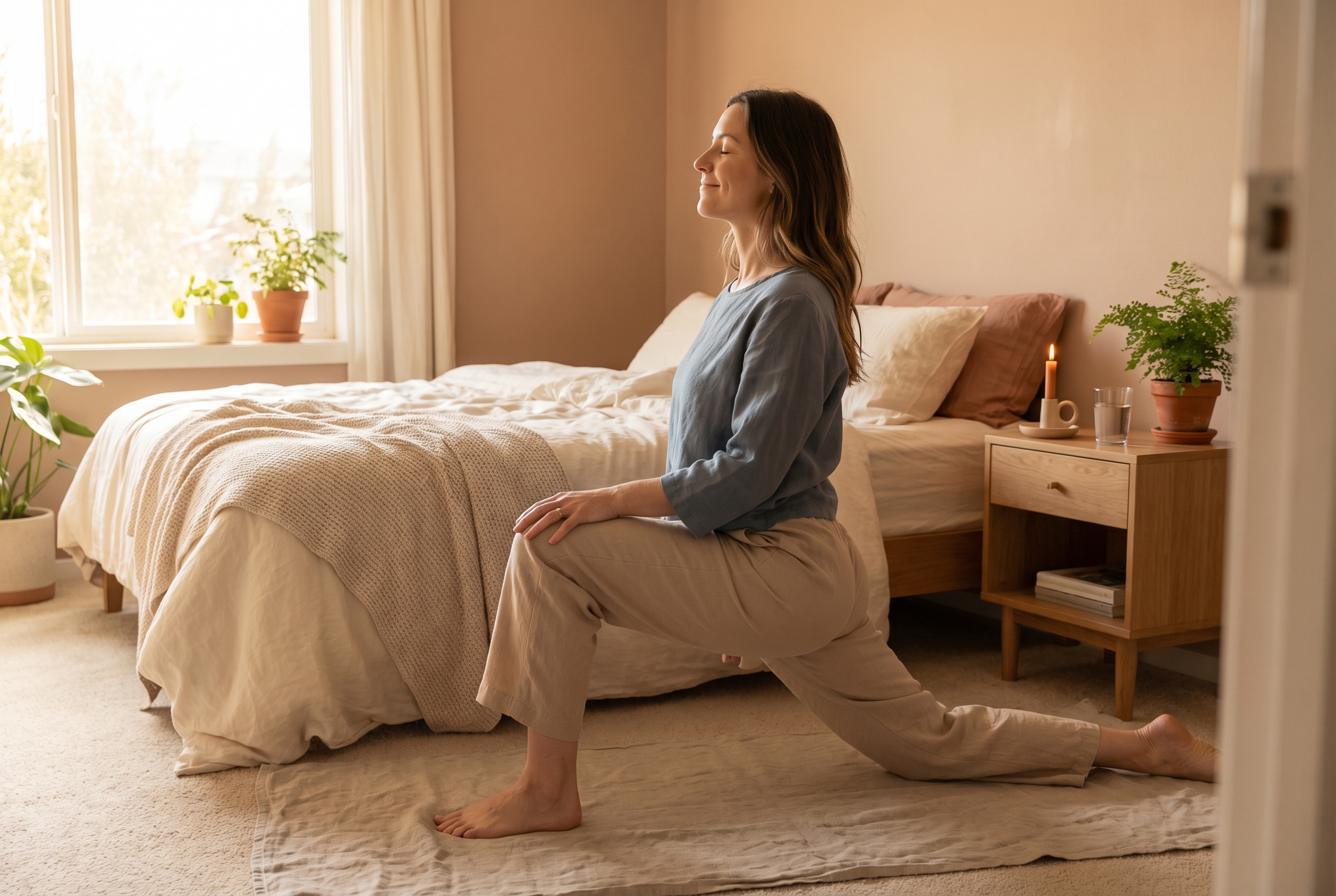 Slow living et yoga : le duo pour ralentir (vraiment) 3 Femme pratiquant un étirement yoga doux au réveil dans une chambre baignée de lumière dorée — slow living