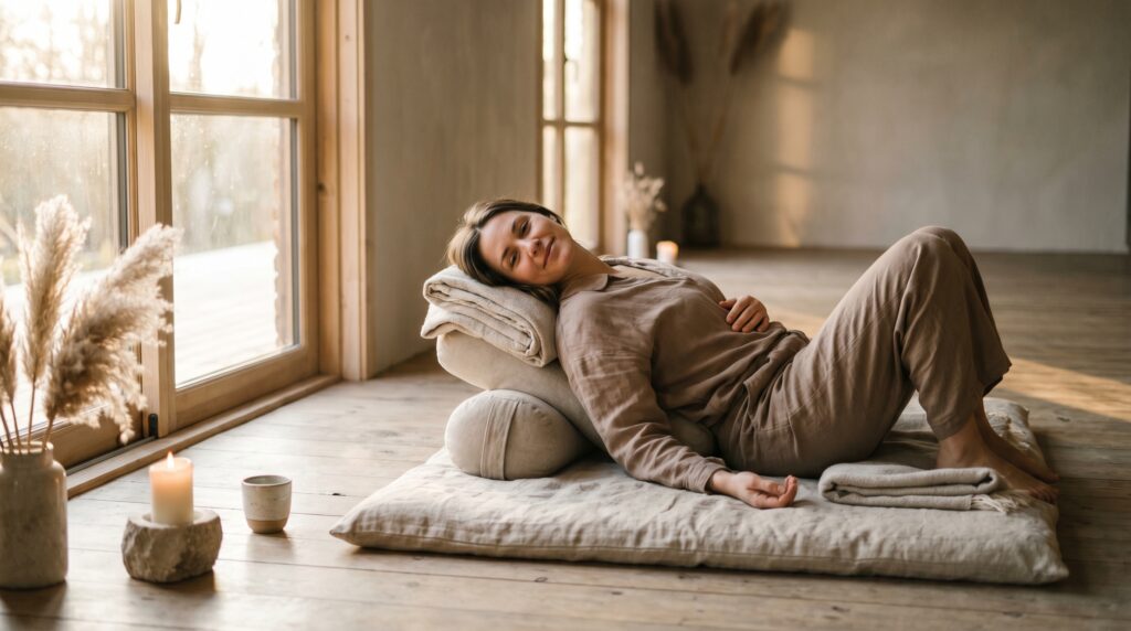 Femme en posture de yoga restauratif sur tapis en lin, lumière dorée et matières naturelles — slow living et yoga