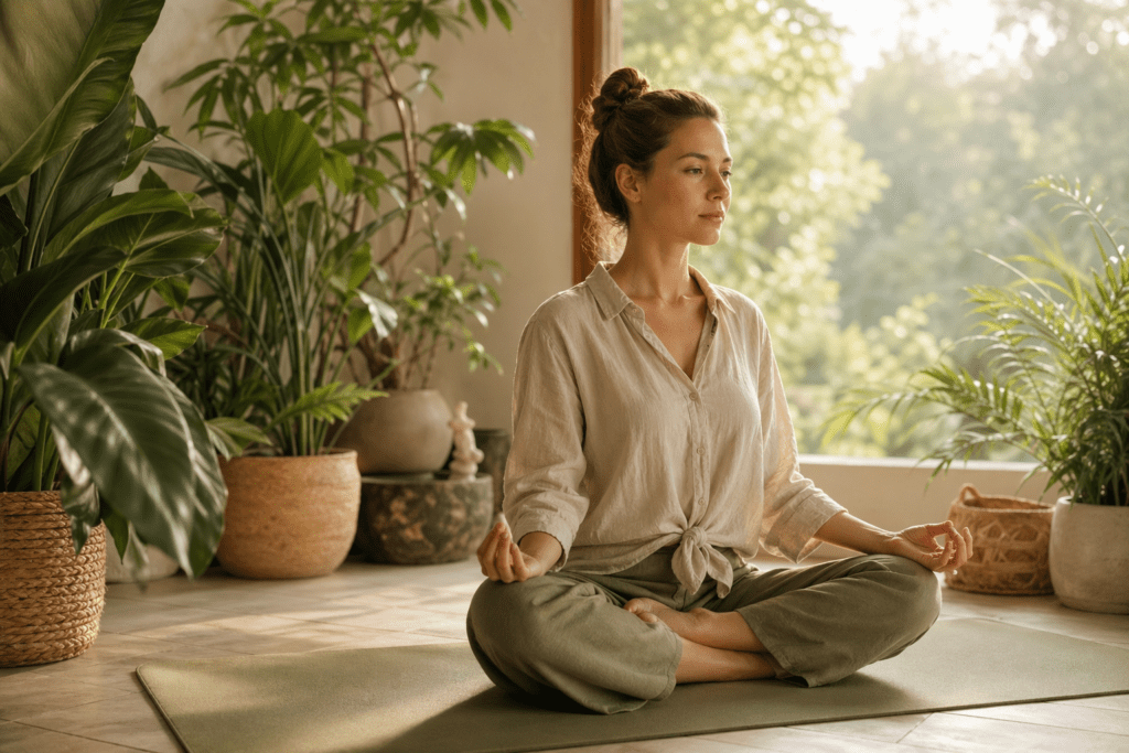 Femme en méditation sur tapis de yoga écologique entourée de plantes vertes, lumière dorée matinale — tapis de yoga écologique