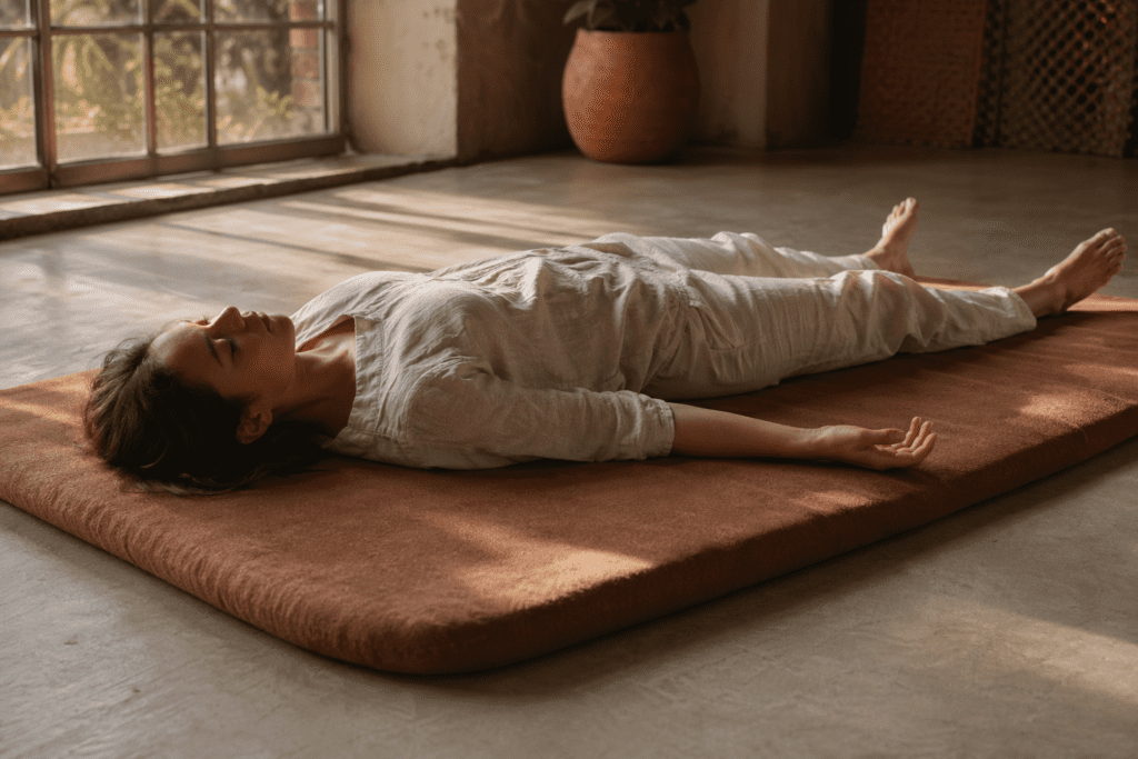 Femme en savasana sur tapis de yoga épais, lumière dorée après-midi, expression de relaxation profonde visible — tapis de yoga épais