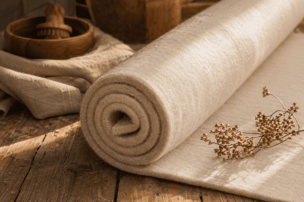 Tapis de yoga en laine naturelle enroulé sur parquet bois, lumière dorée, accessoires naturels — tapis de yoga laine du Larzac