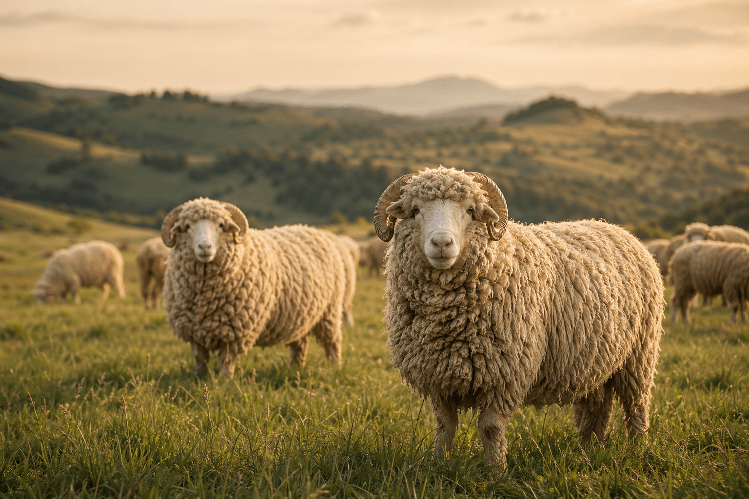 Moutons à laine naturelle dans un pré verdoyant du Massif Central, lumière dorée — tapis de yoga en laine