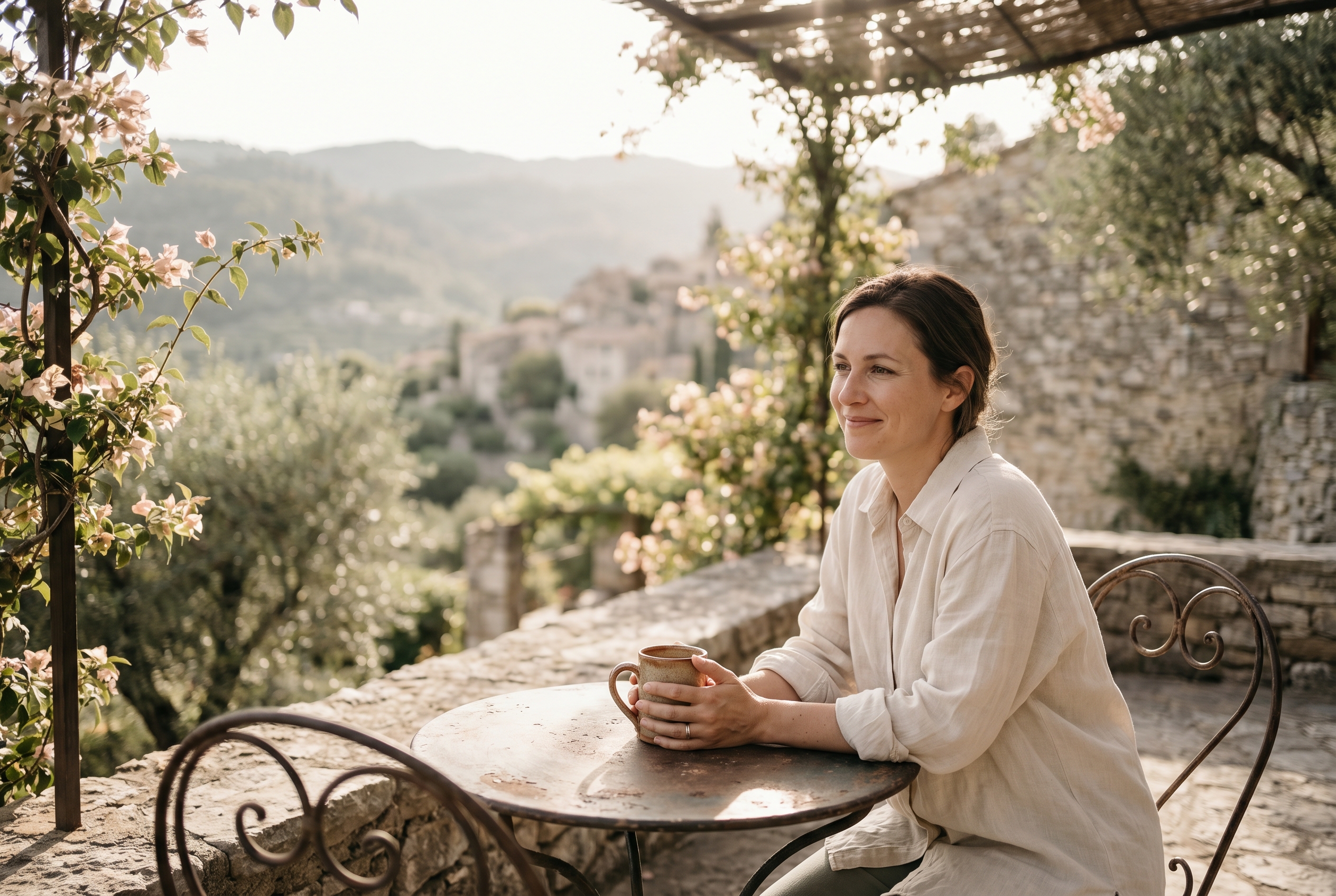 Voyage solo en groupe : pourquoi de plus en plus de femmes choisissent cette façon de voyager 1 voyage solo en groupe : une femme attablée souriante qui tient une tasse entre ses mains