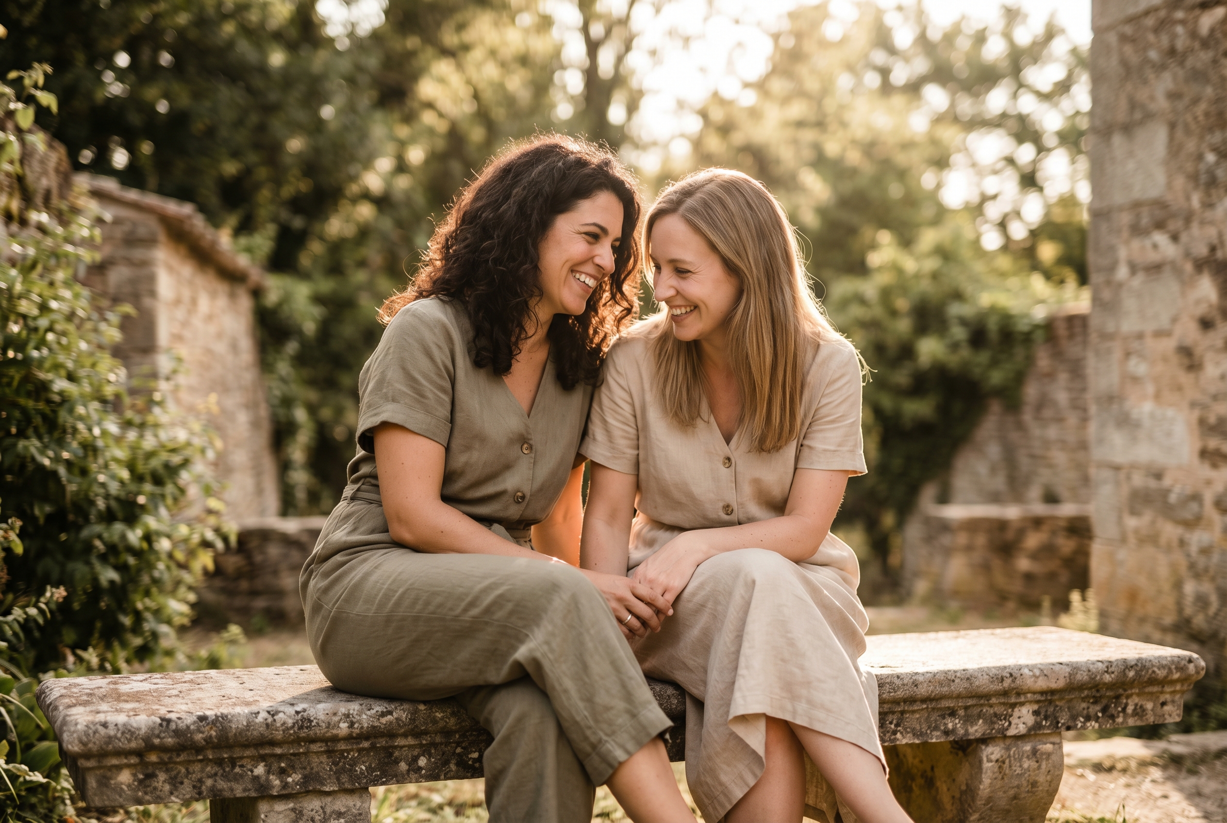 Voyage solo en groupe : pourquoi de plus en plus de femmes choisissent cette façon de voyager 2 deux femmes complices assises sur un banc (voyage solo en groupe)