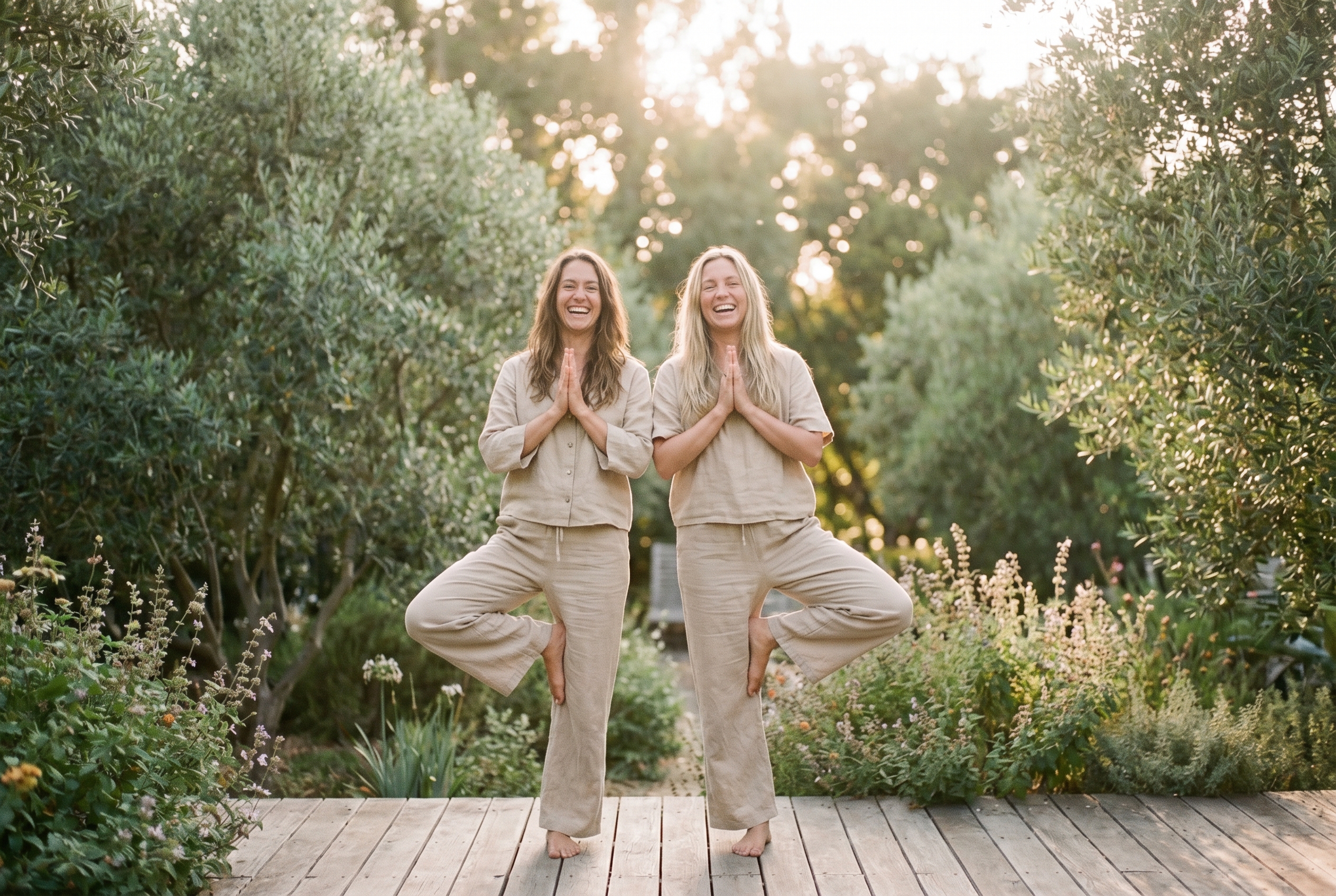 Weekend entre copines : 6 idées bien-être pour se retrouver 1 Deux femmes côte à côte dans la position de l'arbre lors d'un weekend entre copines