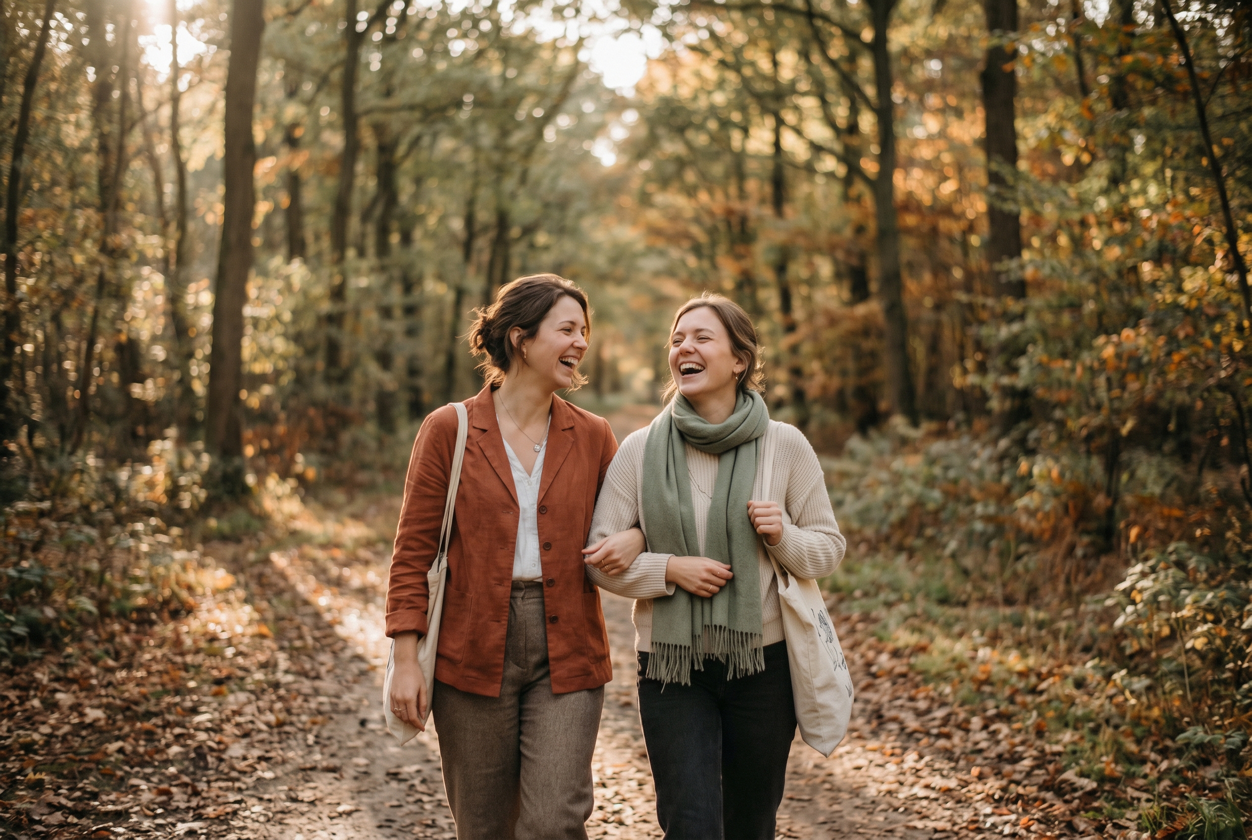 Weekend entre copines : 6 idées bien-être pour se retrouver 2 Deux femmes qui se promènent côte à côte dans la forêt lors d'un weekend entre copines.