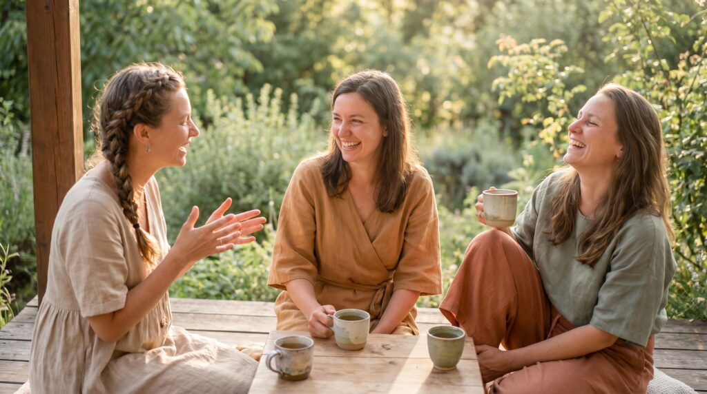 Trois femmes discutent autour d'une table lors d'un weekend entre copines.