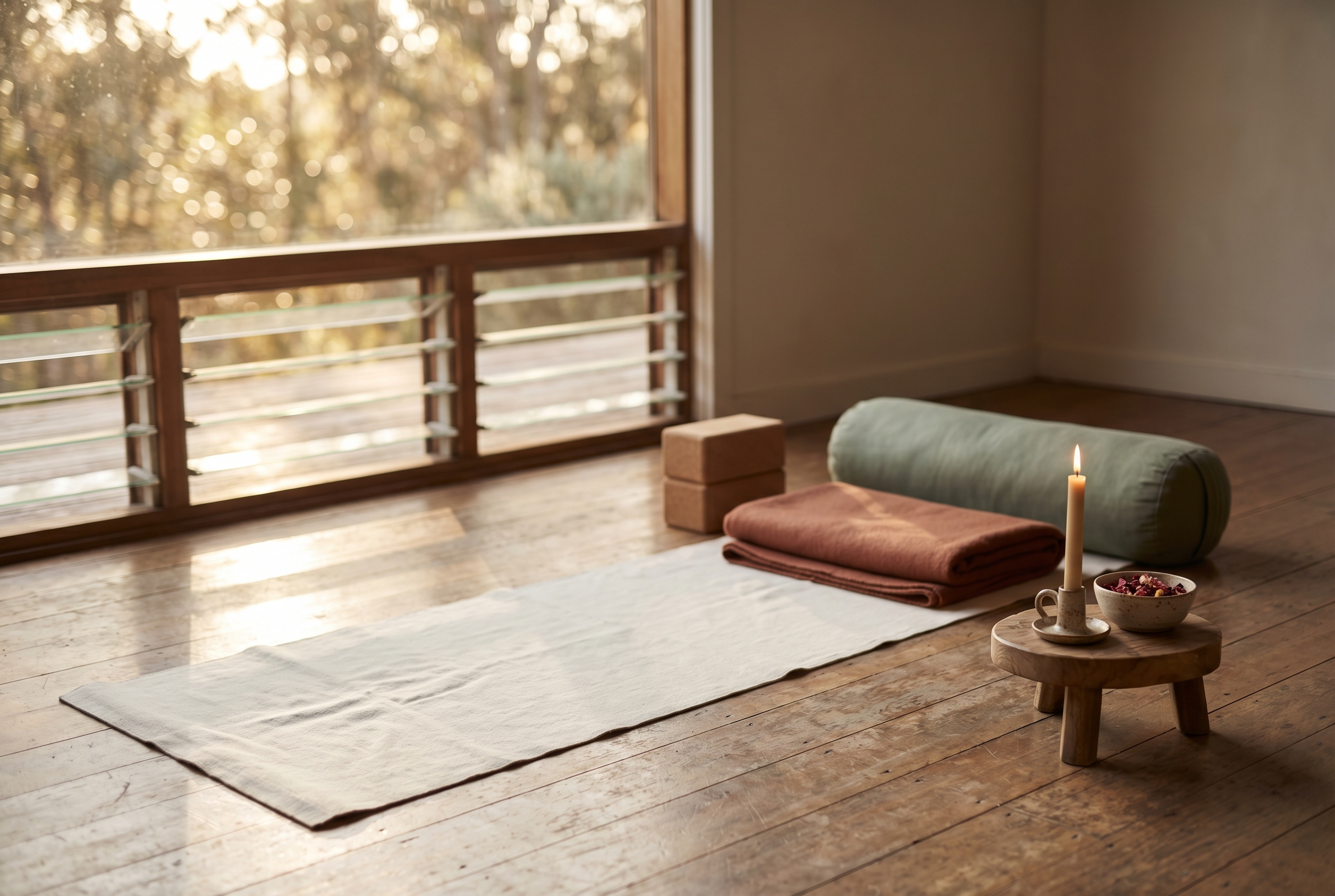 Qu'est-ce que le yin yoga ? 3 Espace de pratique yin yoga minimaliste : tapis, bolster sauge, blocs en liège et bougie dans une lumière dorée