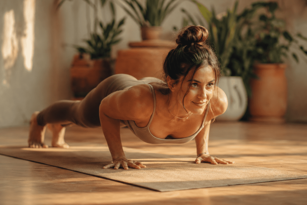 Femme en posture de yoga vinyasa, expression de concentration sereine, lumière dorée et tapis en lin — yoga vinyasa
