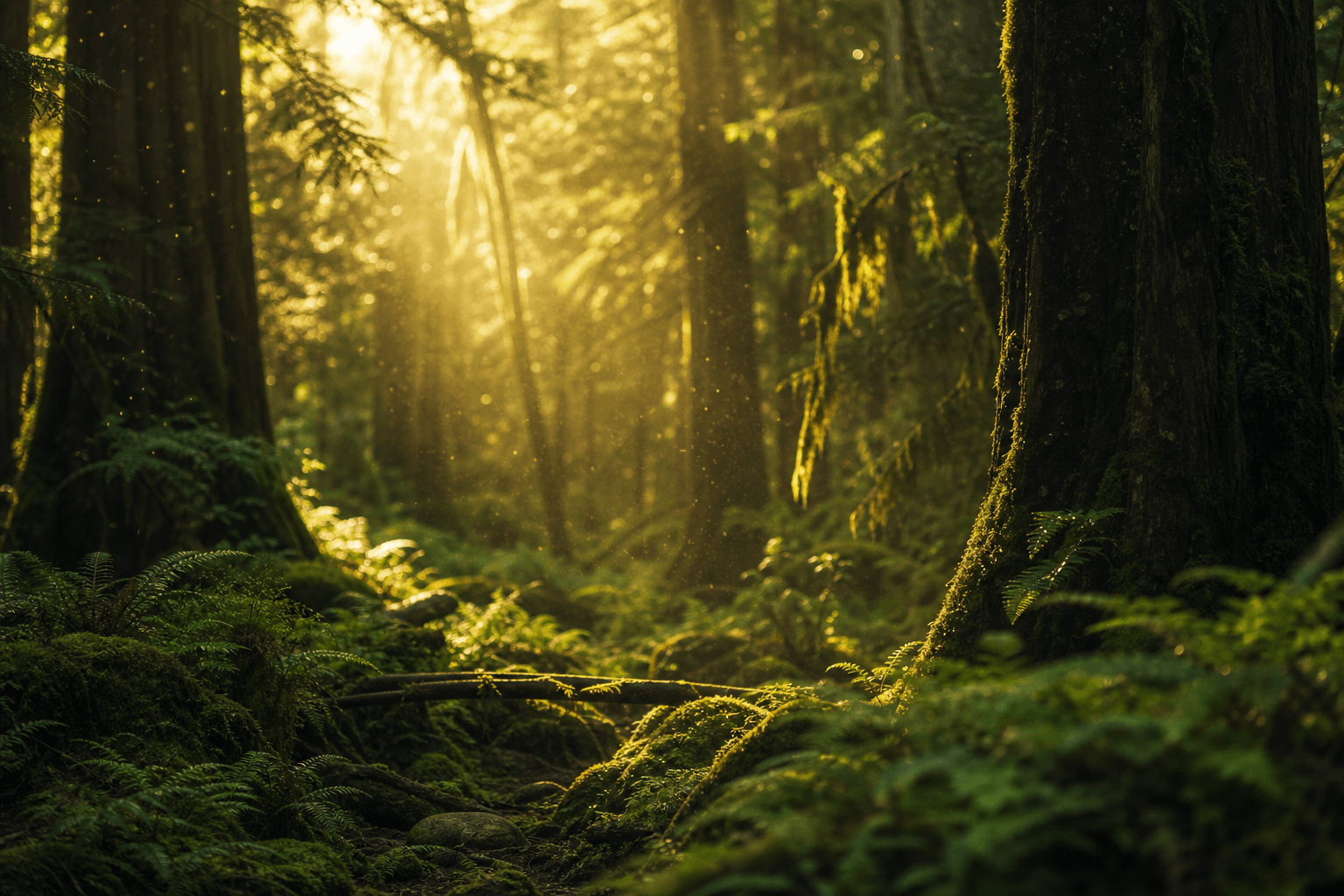 Les 8 bienfaits du bain de forêt (prouvés par la science) 1 Sous-bois dense avec lumière matinale filtrée à travers les feuilles, atmosphère shinrin-yoku apaisante