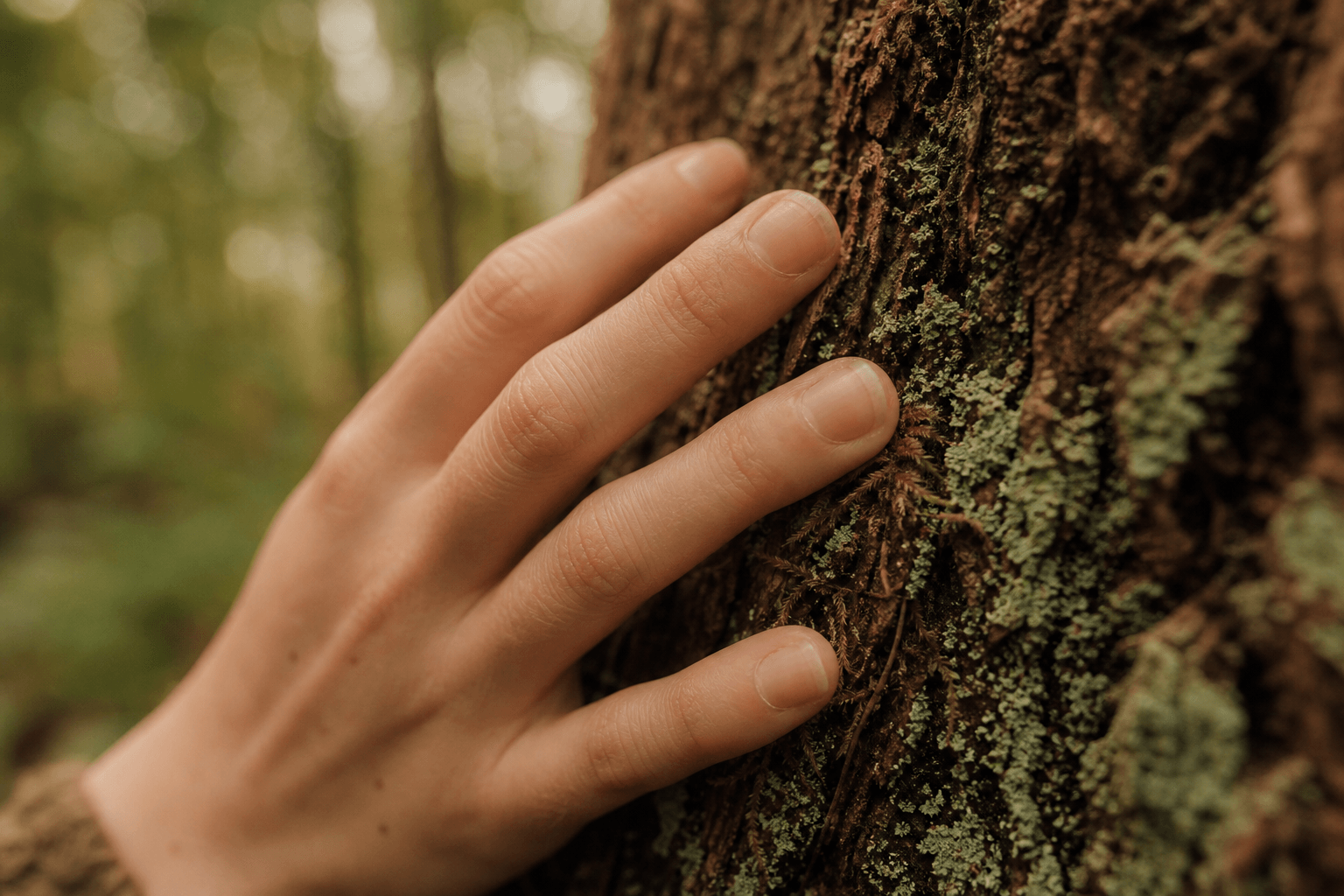 Les 8 bienfaits du bain de forêt (prouvés par la science) 2 Main féminine posée sur l'écorce d'un arbre en forêt, détail sensoriel, bain de forêt