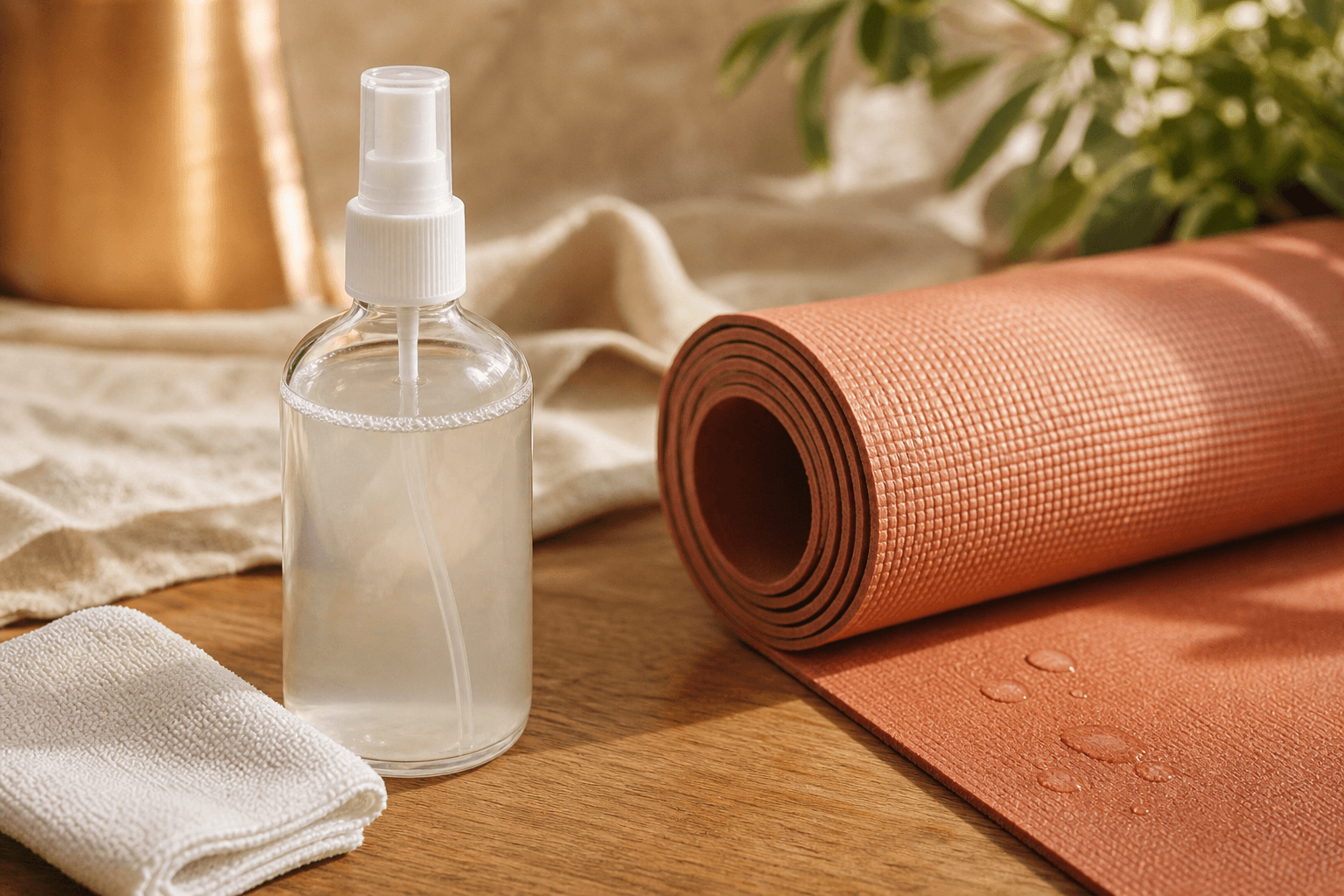 Flacon spray en verre avec vinaigre blanc posé sur tapis de yoga déroulé, lumière naturelle douce — spray nettoyant DIY tapis yoga