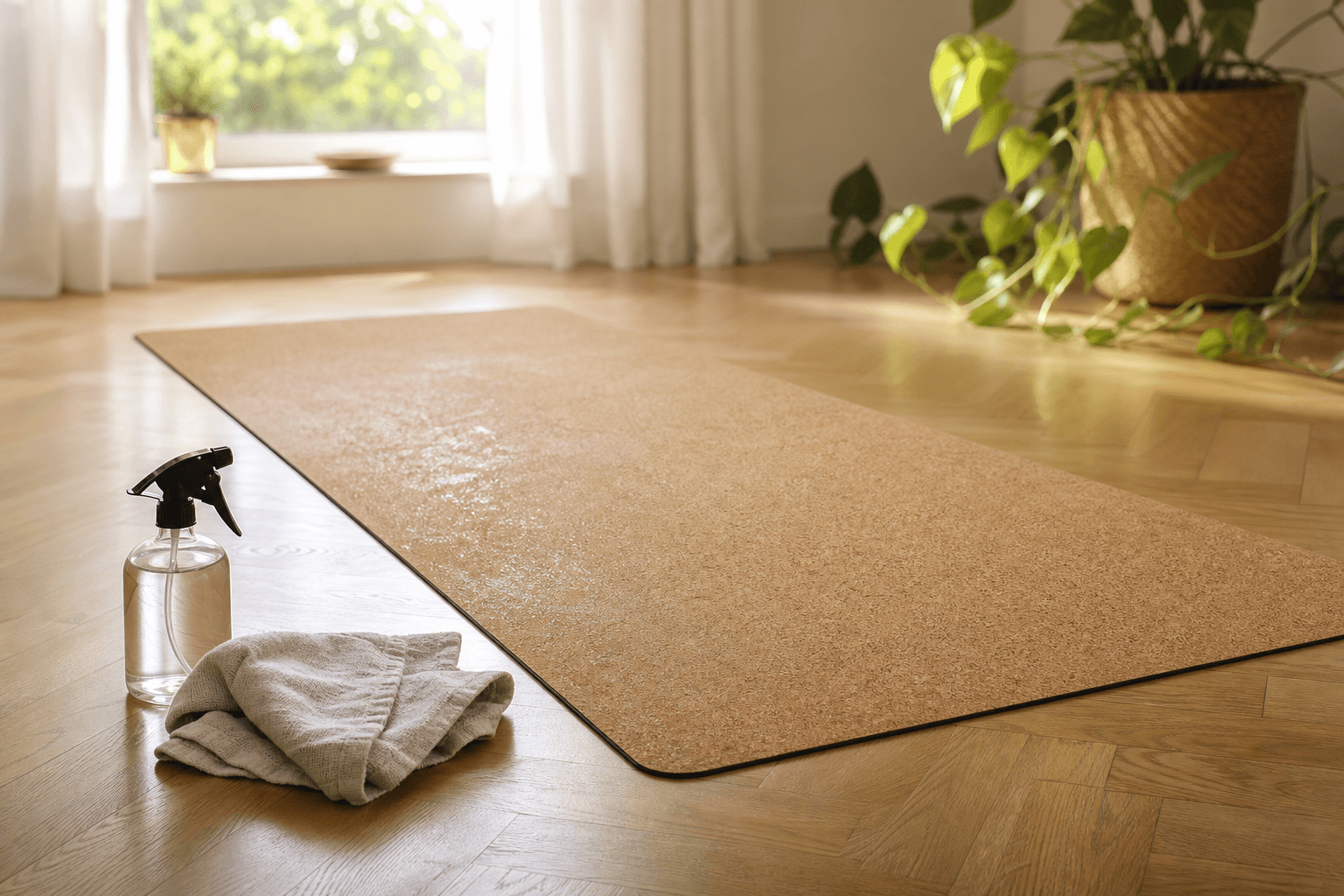 Tapis de yoga en liège déroulé à plat sur parquet bois après nettoyage, séchage à l'air libre, lumière chaude — entretien tapis yoga caoutchouc naturel