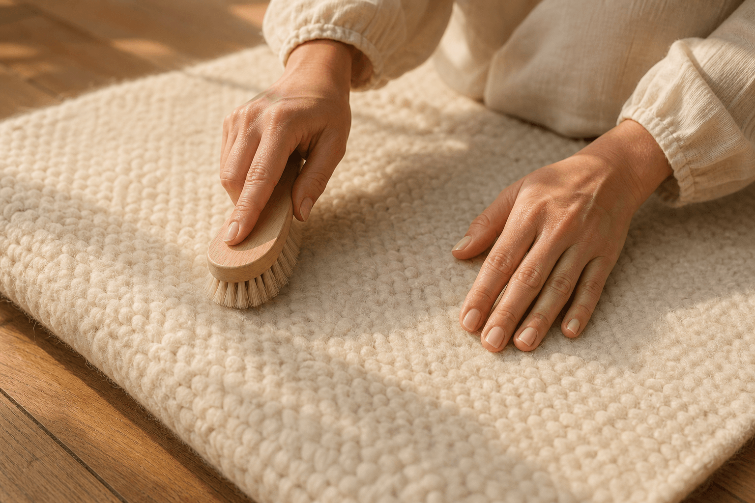 Mains brossant délicatement un tapis de yoga en laine naturelle, lumière matinale tamisée — nettoyer tapis yoga laine