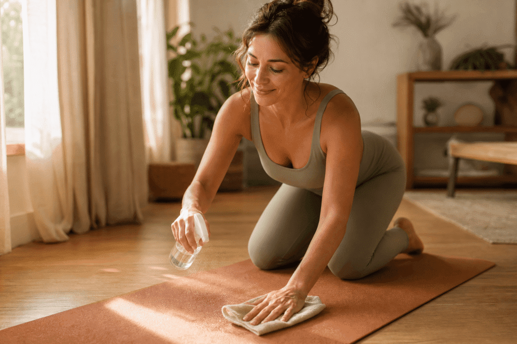 Femme essuyant un tapis de yoga en caoutchouc naturel avec un chiffon microfibre, lumière dorée matinale — comment nettoyer un tapis de yoga
