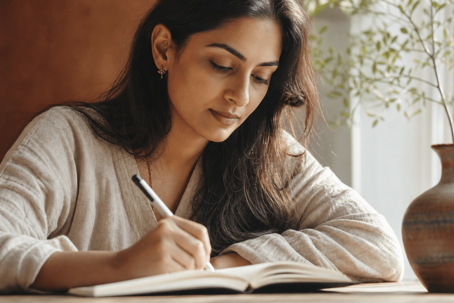 Les bienfaits du journaling en retraite yoga 1 Femme concentrée écrivant dans un journal près d'une fenêtre, lumière matinale douce, expression sereine, journaling retraite yoga