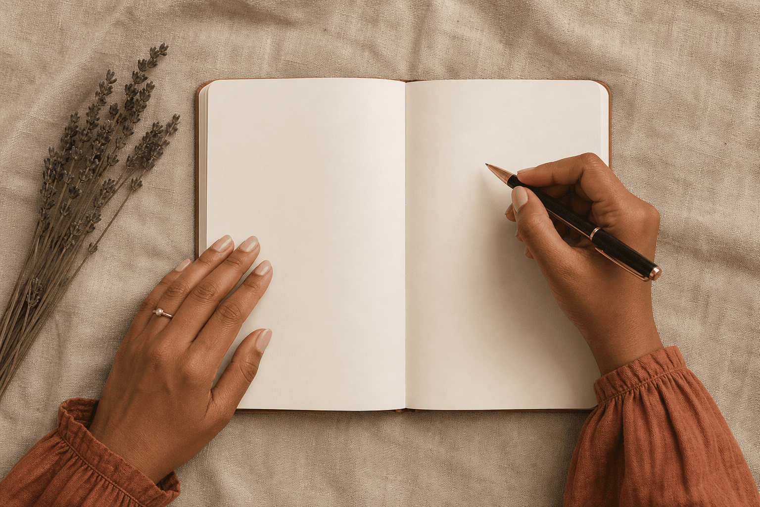 Les bienfaits du journaling en retraite yoga 2 Mains féminines tenant un stylo au-dessus d'un carnet vierge sur lin beige, brin de lavande séchée, écriture introspective retraite yoga
