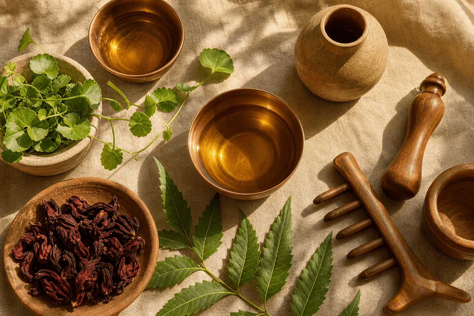7 bienfaits du massage ayurvédique 1 Huiles et herbes ayurvediques dans des bols en cuivre sur lin naturel, rituel massage ayurvedique