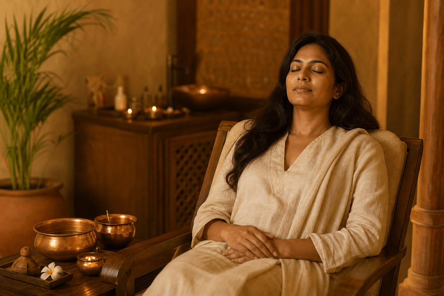 7 bienfaits du massage ayurvédique 2 Femme indienne sereine les yeux fermes en relaxation profonde apres un soin ayurvedique Abhyanga