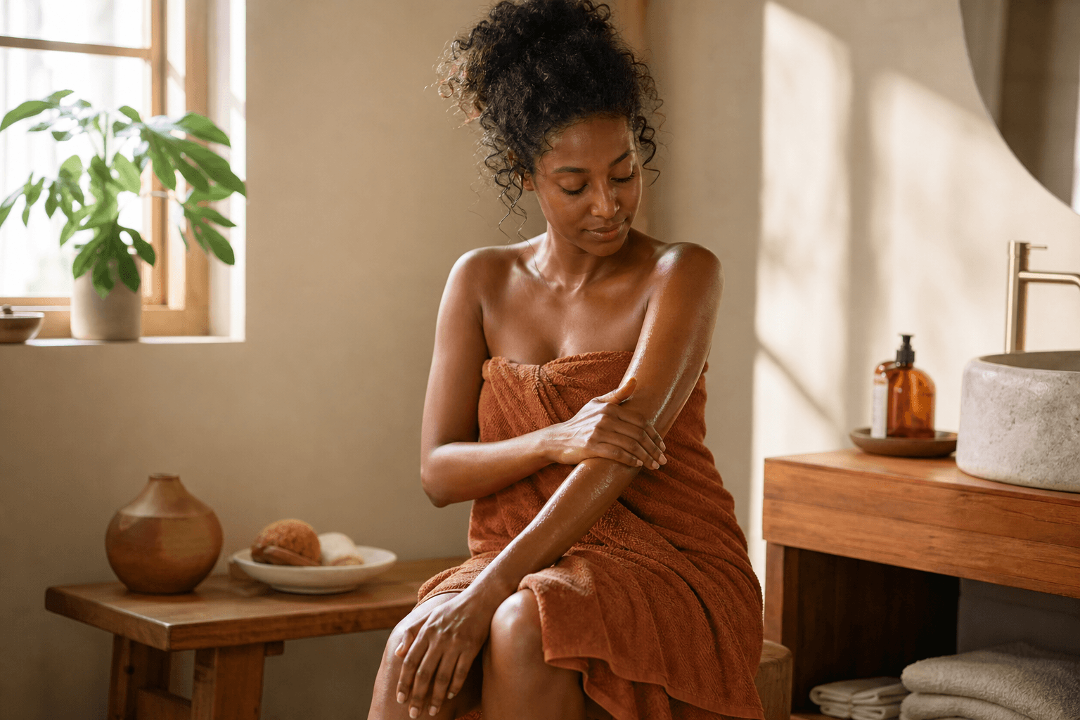7 bienfaits du massage ayurvédique 3 Femme pratiquant le self-Abhyanga auto-massage ayurvedique a lhuile le matin, rituel bien-etre