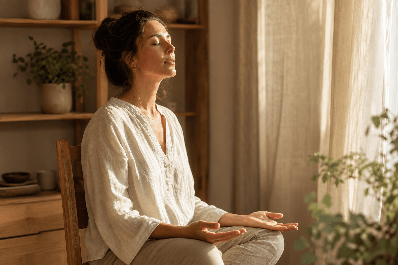 Femme de profil, mains posées sur les genoux, respiration consciente, intérieur bois clair et lin naturel — pleine conscience