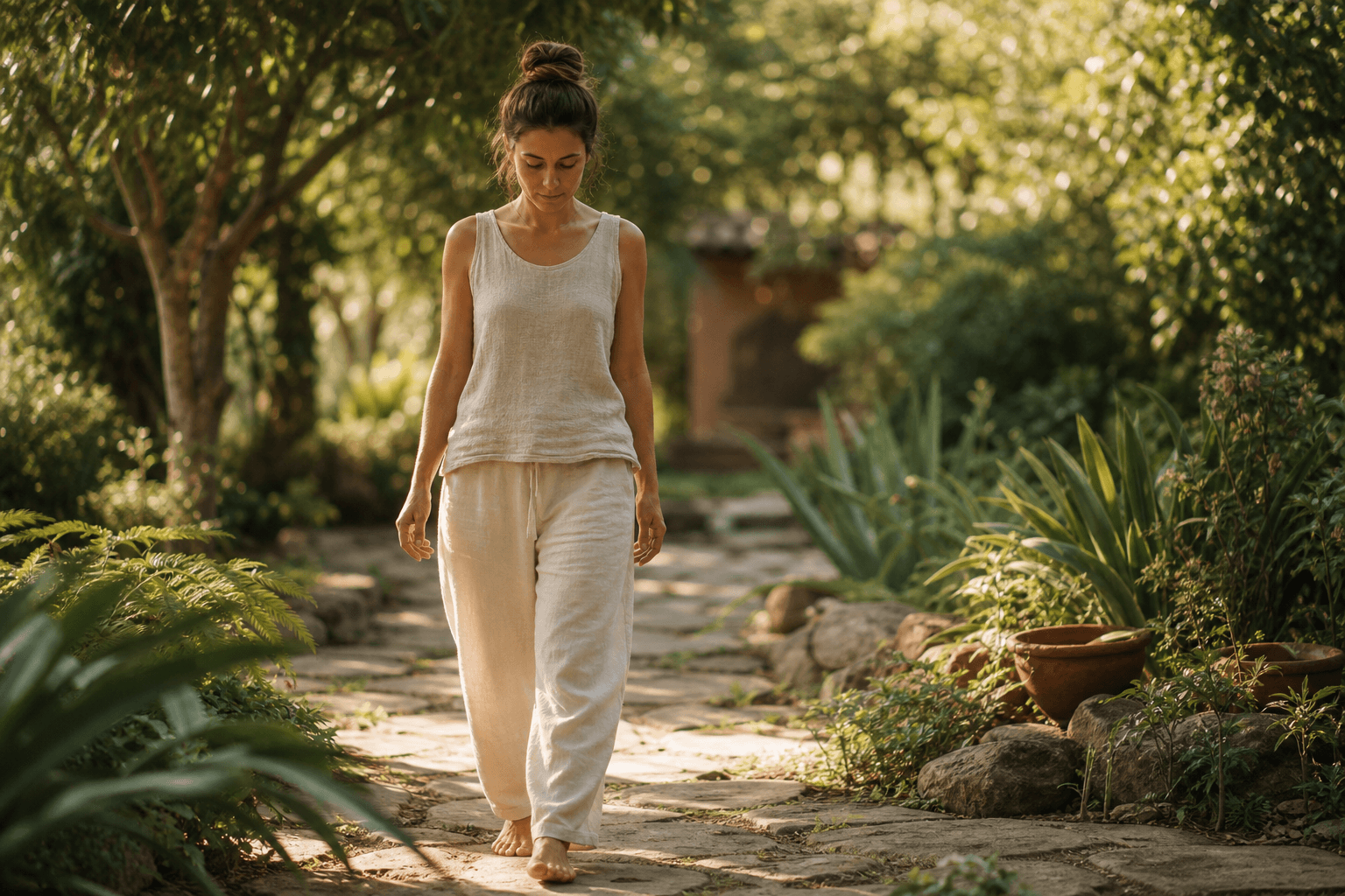 Femme marchant pieds nus dans un jardin verdoyant, lumière dorée matinale, méditation en marche consciente