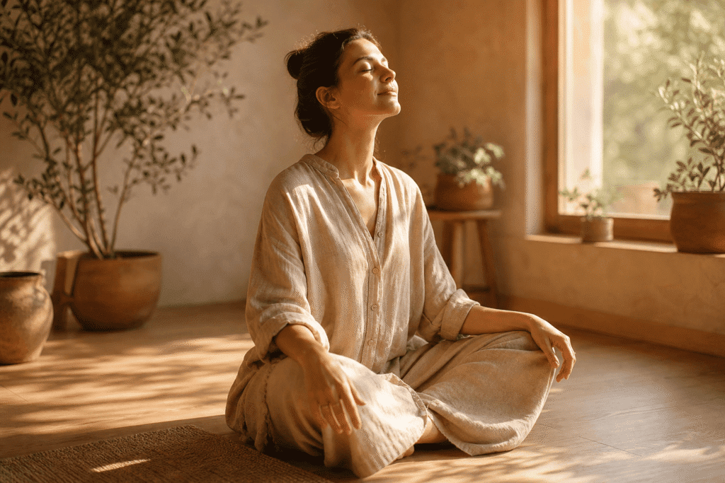 Femme assise en méditation pleine conscience, yeux fermés, lumière dorée naturelle, expression sereine — méditation pleine conscience débutante