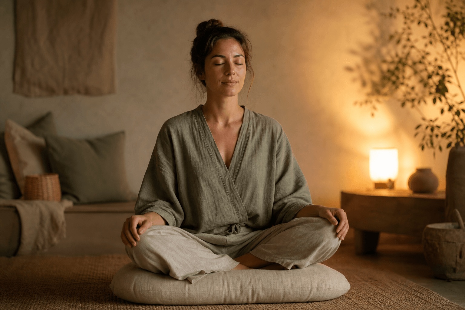 Femme assise en tailleur le soir, exercice de respiration consciente pour s'endormir, ambiance apaisante
