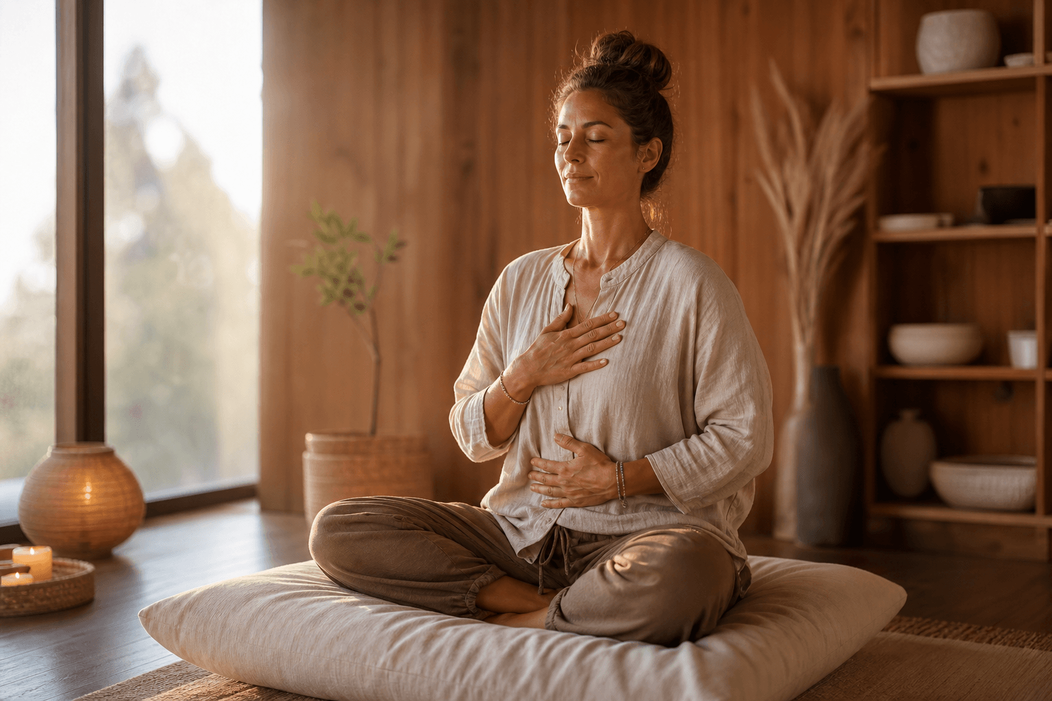 Femme pratiquant la cohérence cardiaque assise dans un intérieur lumineux en lin et bois clair 