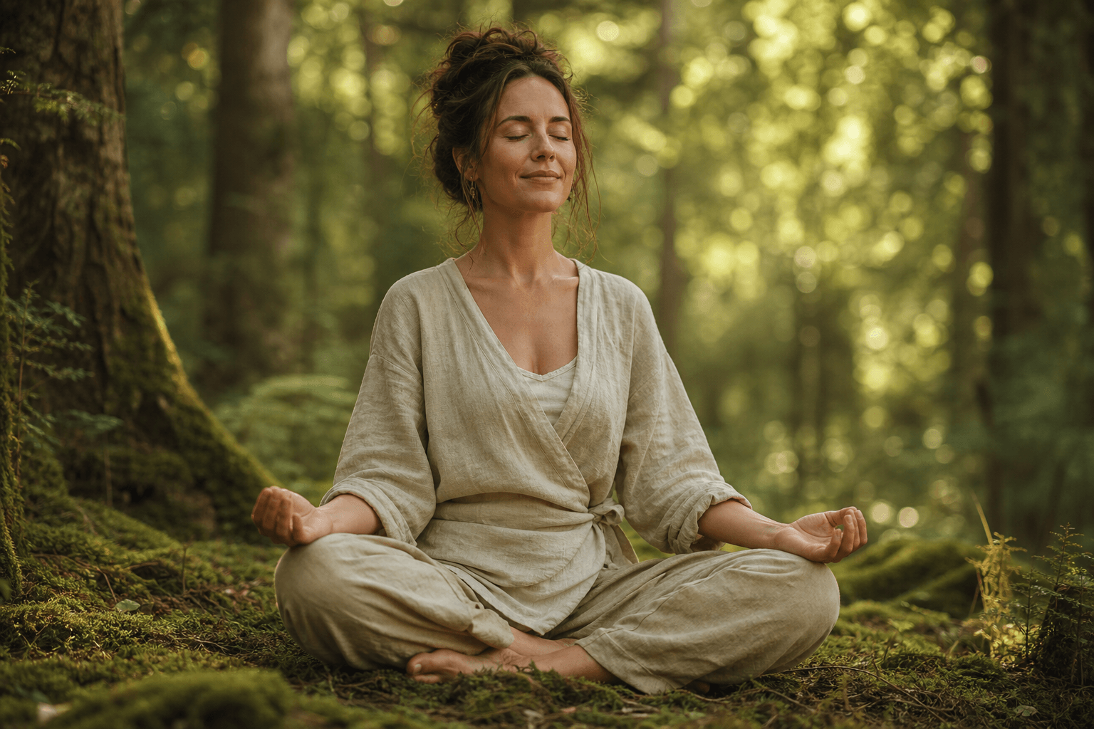 Retraite digitale : 7 bienfaits prouvés 2 Femme les yeux fermés en méditation assise en forêt, visage apaisé — retraite digitale bien-être