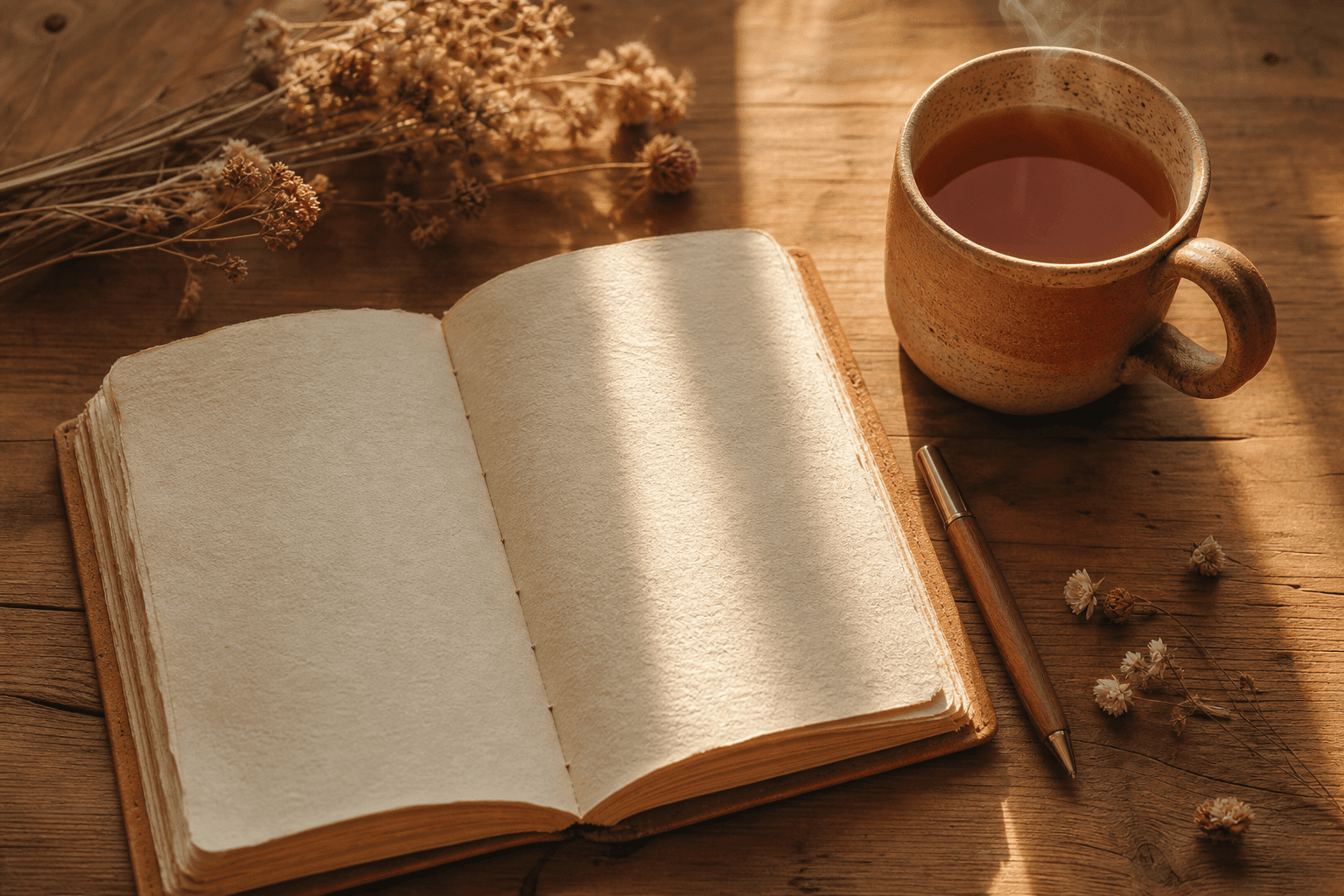 Retraite digitale : 7 bienfaits prouvés 3 Carnet ouvert et tasse de thé sur table en bois naturel, lumière du matin — déconnexion numérique bienfaits