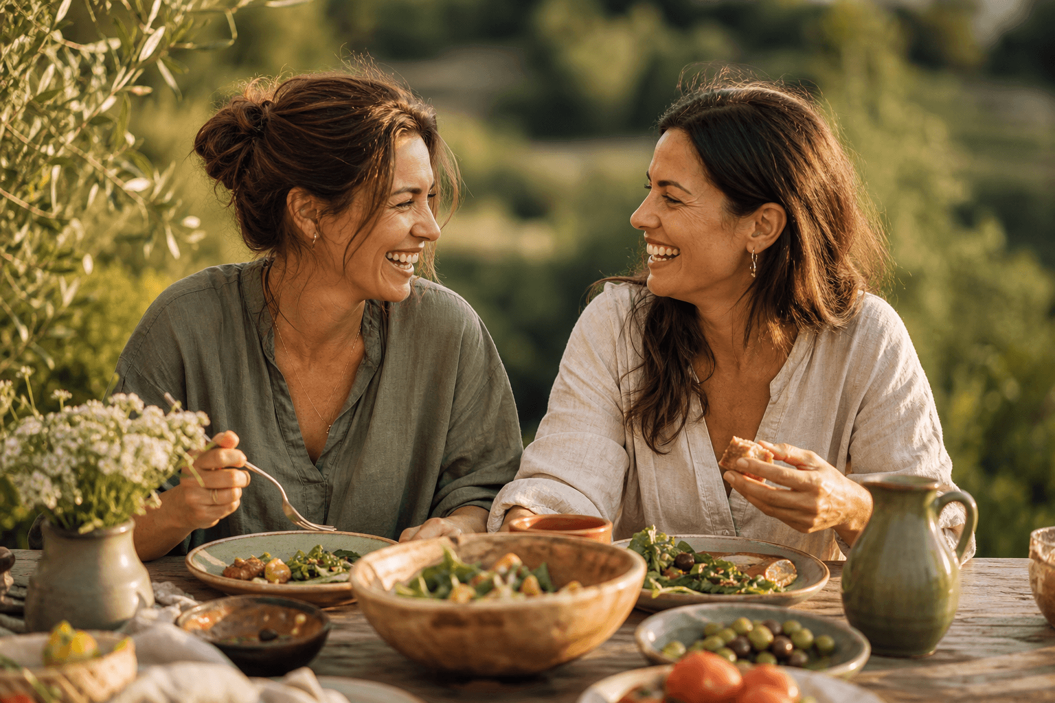 Retraite digitale : 7 bienfaits prouvés 1 Deux femmes souriantes partageant un repas en plein air sans téléphone, lumière dorée — reconnexion retraite digitale